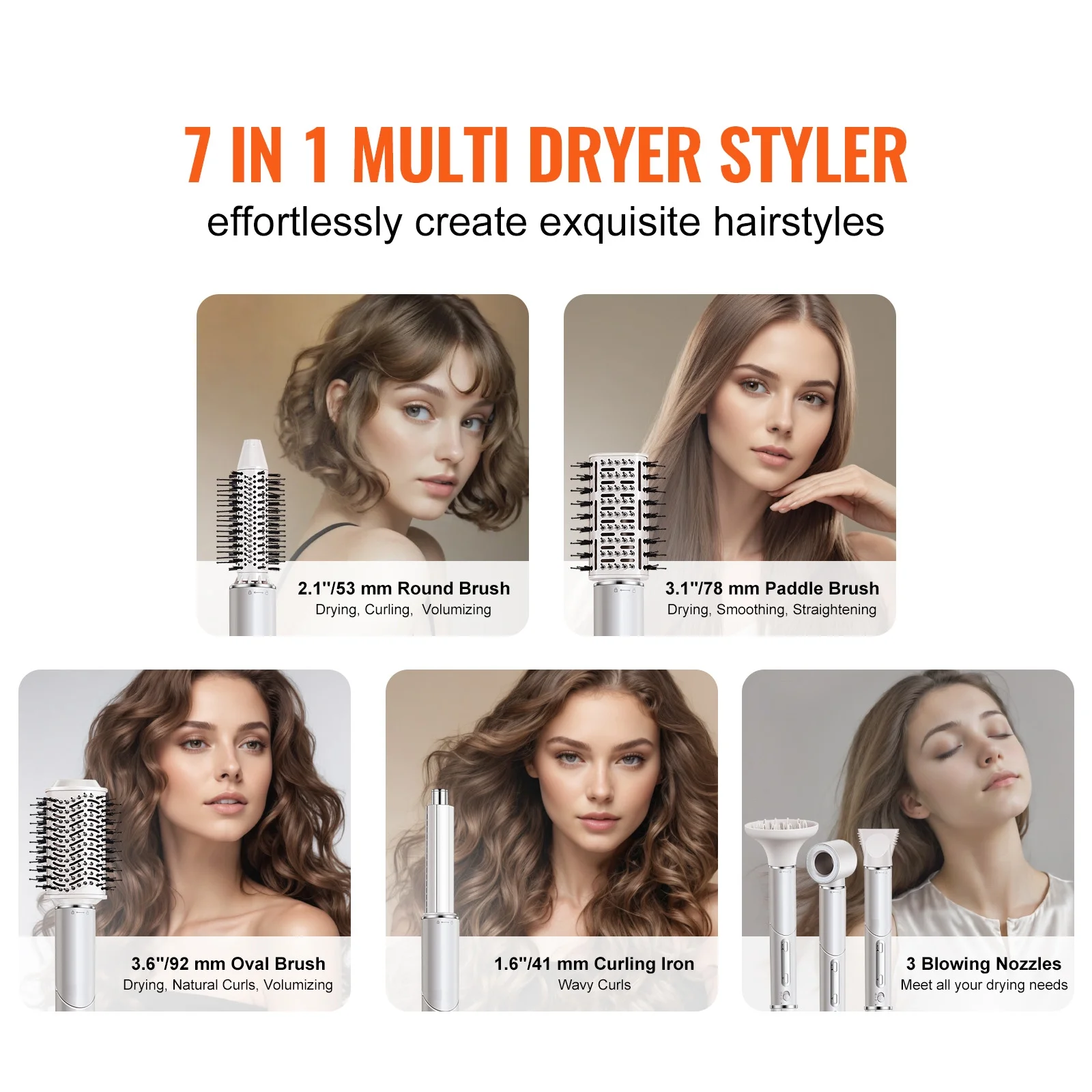 KFFKFF Hair Styling Dryer Brush, Versatile 7-in-1 Professional Styler, 110,000RPM Rapid Hot Air Styler with 2 Auto-Wrap Curling Tools, Trio of Brushes & 3 Nozzles, Ionic Hair Dryer for Quick Drying - Image 4