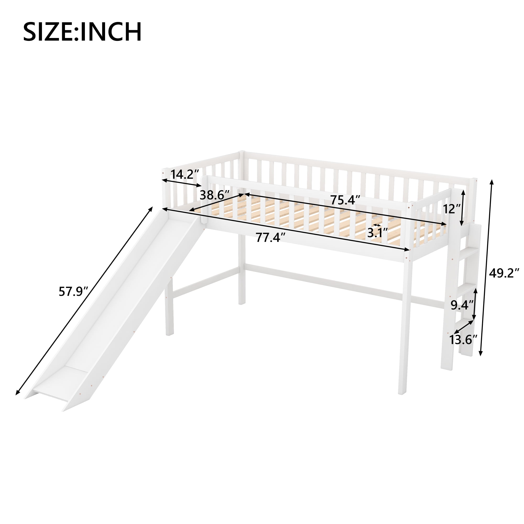 Aukfa Twin Loft Bed with Slide, Solid Wood Bed Frame for Kids - White - Image 7