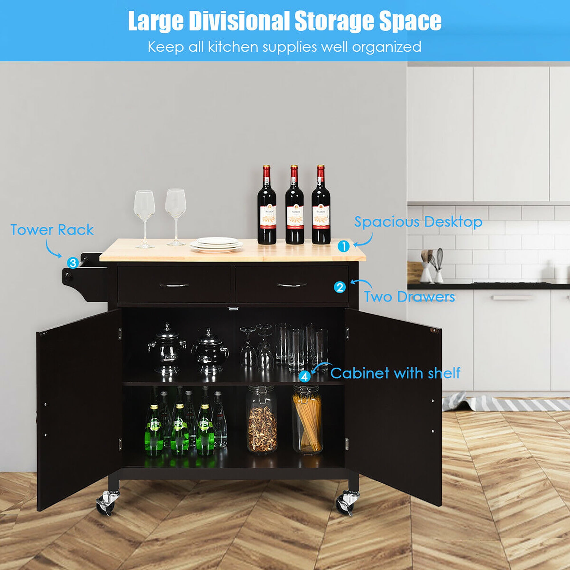 Costway Modern Rolling Kitchen Cart Island Wood Top Storage Trolley Cabinet Utility Brown - Image 8
