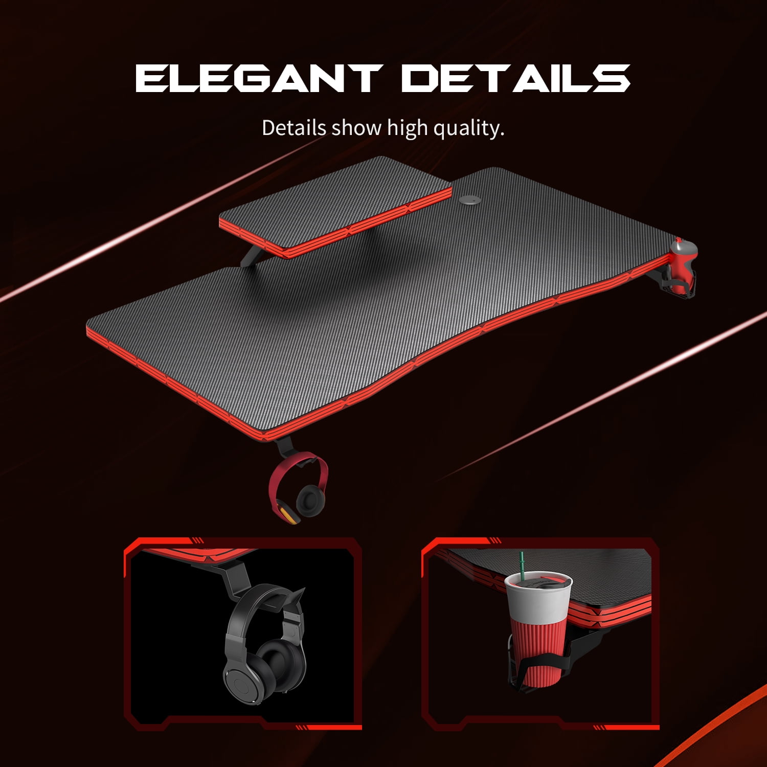 LACOO 47.2-Inch Gaming Desk Home Office Desk Modern Style Writing Table with Cup Holder Headphone Hook, Black - Image 6