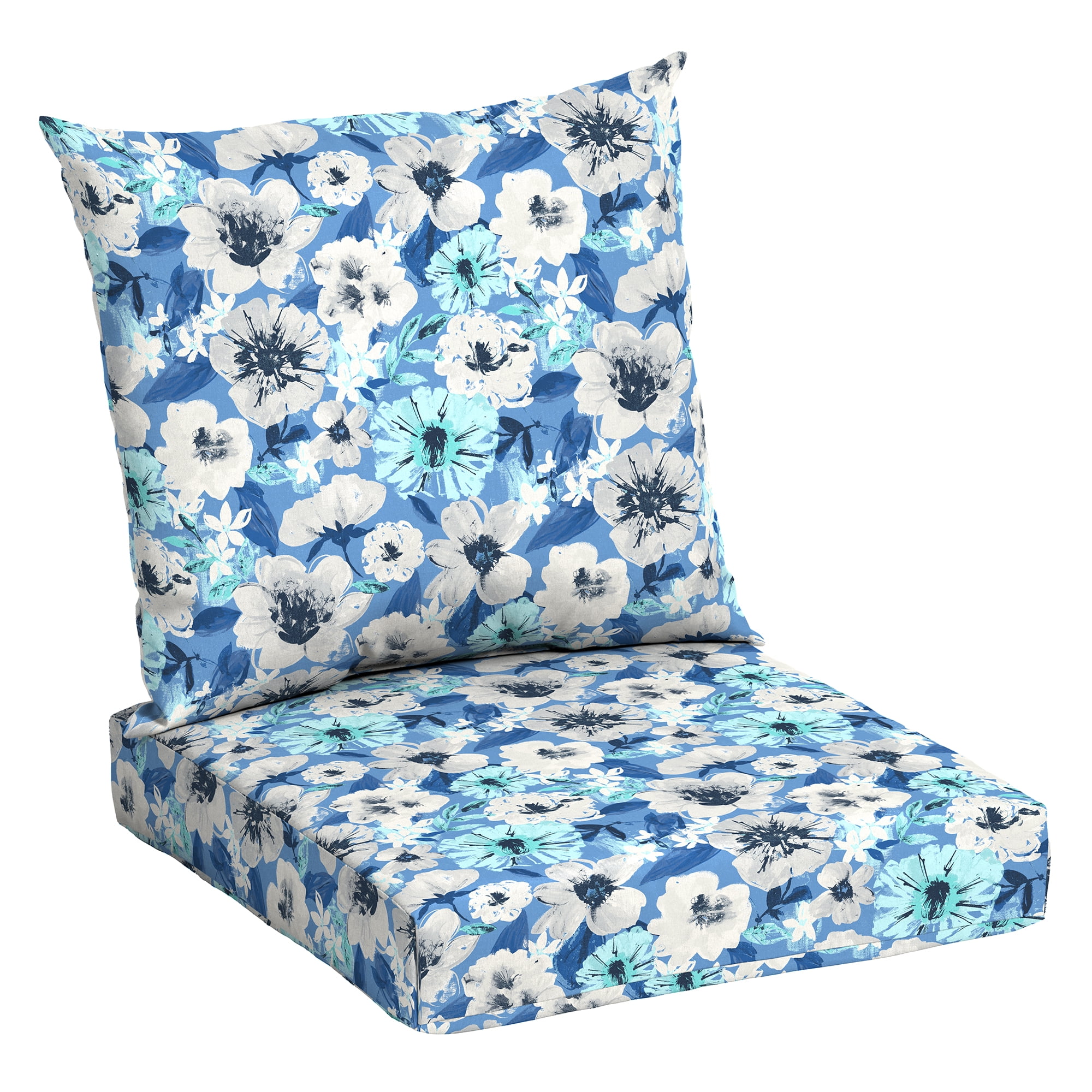 (2 pack) Mainstays 45" L x 22.75" W Blue Floral Rectangle Outdoor 2 Piece Deep Seat Cushion - Image 2