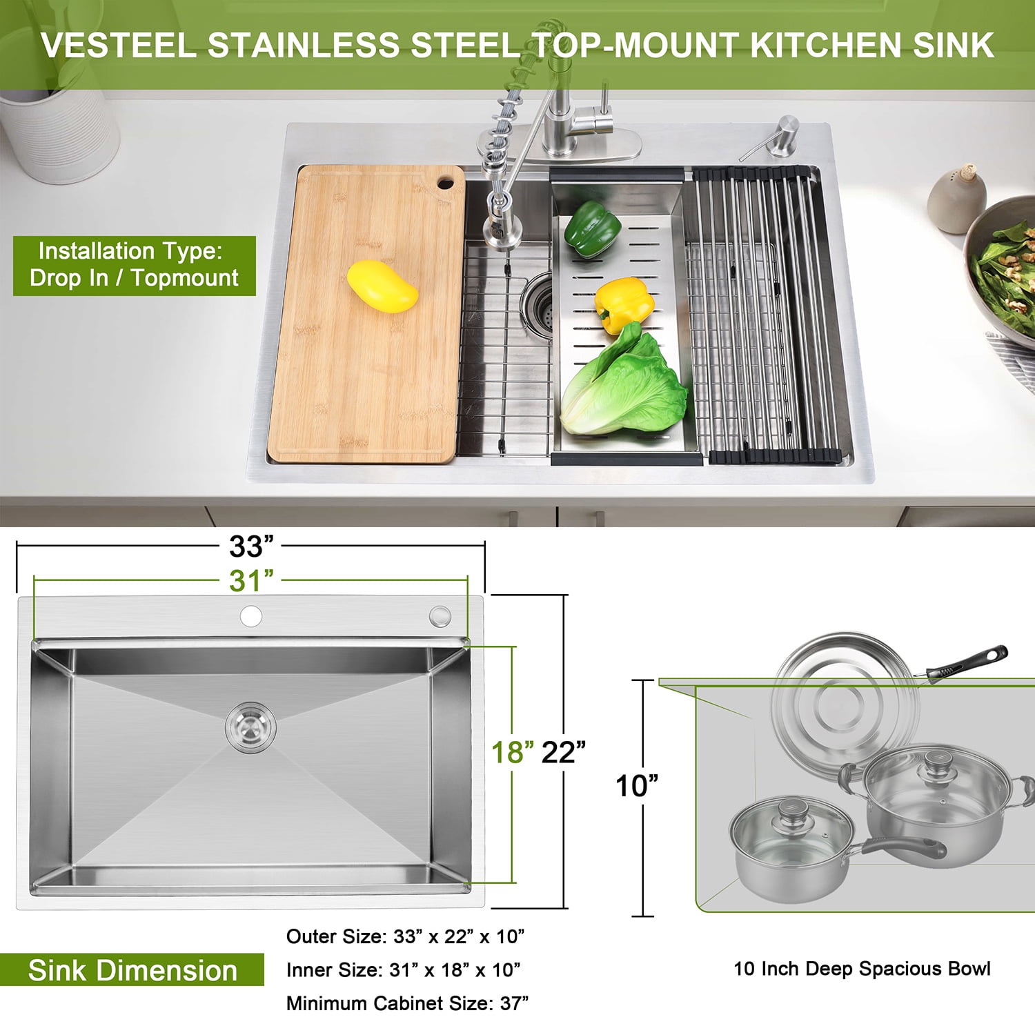 Vesteel Workstation Kitchen Sink, 33” x 22” Drop In Stainless Steel Single Bowl Sink Basin, Topmount Sink include 4 Sink Accessories - Image 5