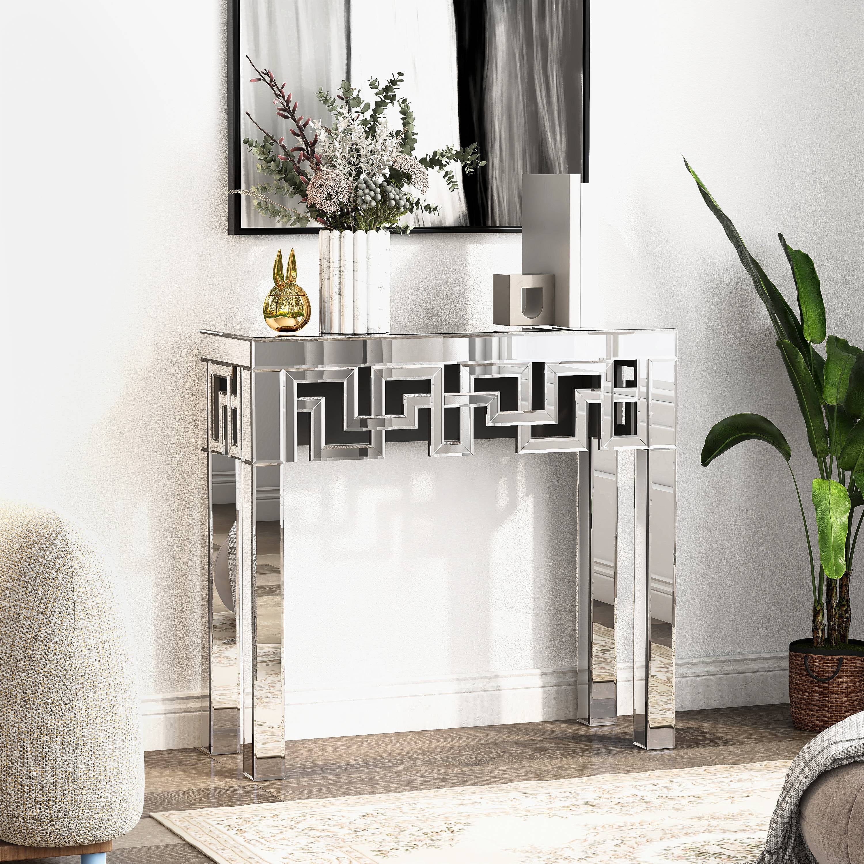 SHYFOY Modern Grecian Venetian Mirrored Console Table Glass Sofa Table Silver Entryway Table for Living Room - Image 4