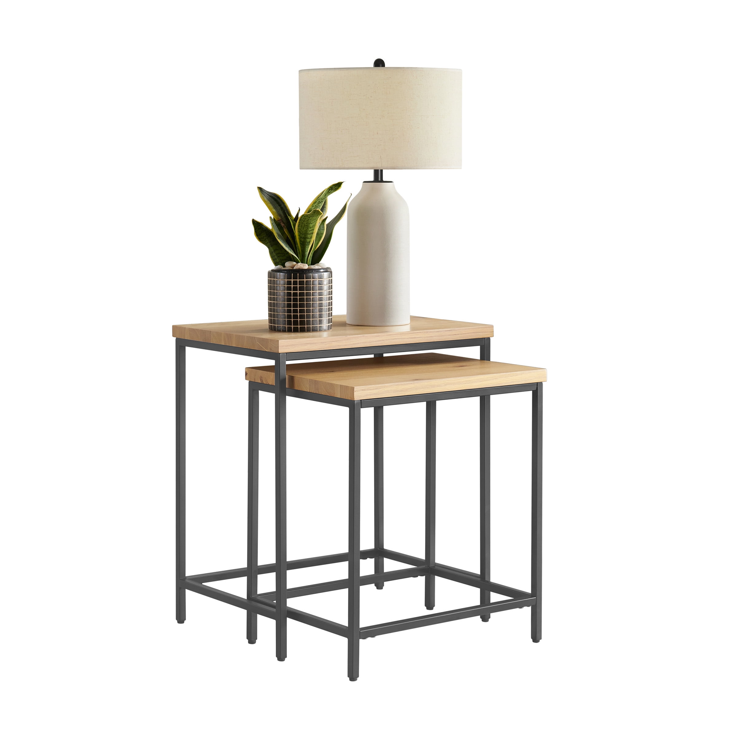 Lavish Home Set of 2 Modern Nesting Tables, End Tables for Living Room with Oak-Finished Top and Sturdy Metal Base - Image 2