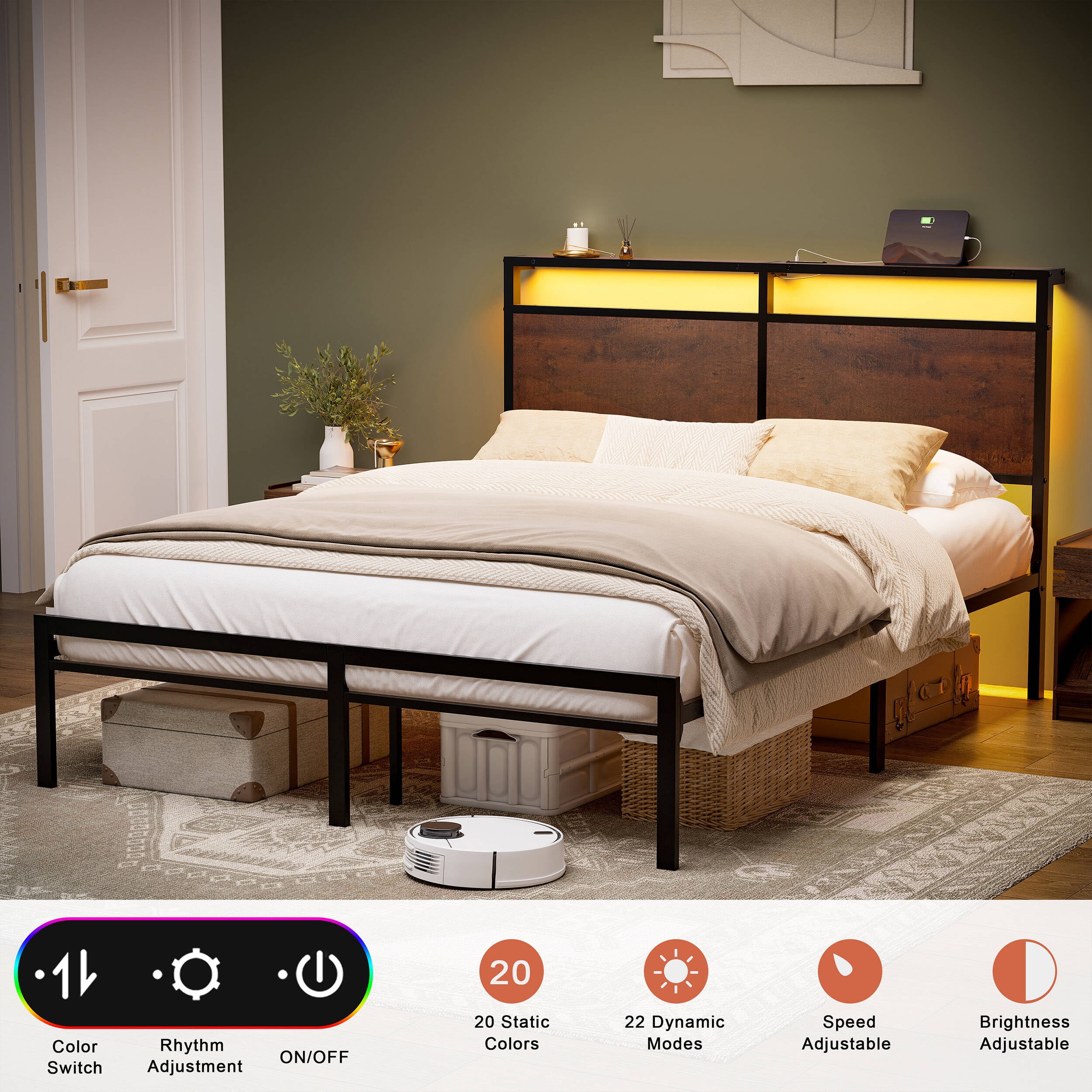 GUNAITO Queen Bed Frame with Headboard Metal Platform Bed with LED Lights and Charging Station, Rustic Brown - Image 4