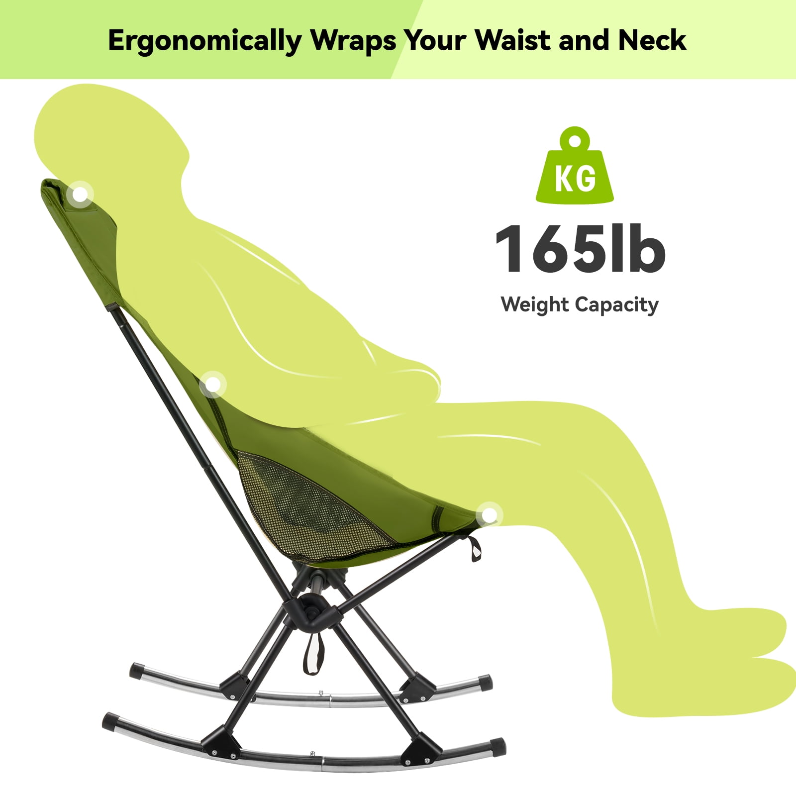 Camping Chair, Vecukty High Back Rocking Chair 165 lbs Capacity, Heavy Duty Compact Outdoor Portable Folding Rocker Chair for Camping Hiking Gardening Travel Beach Picnic,Green - Image 3