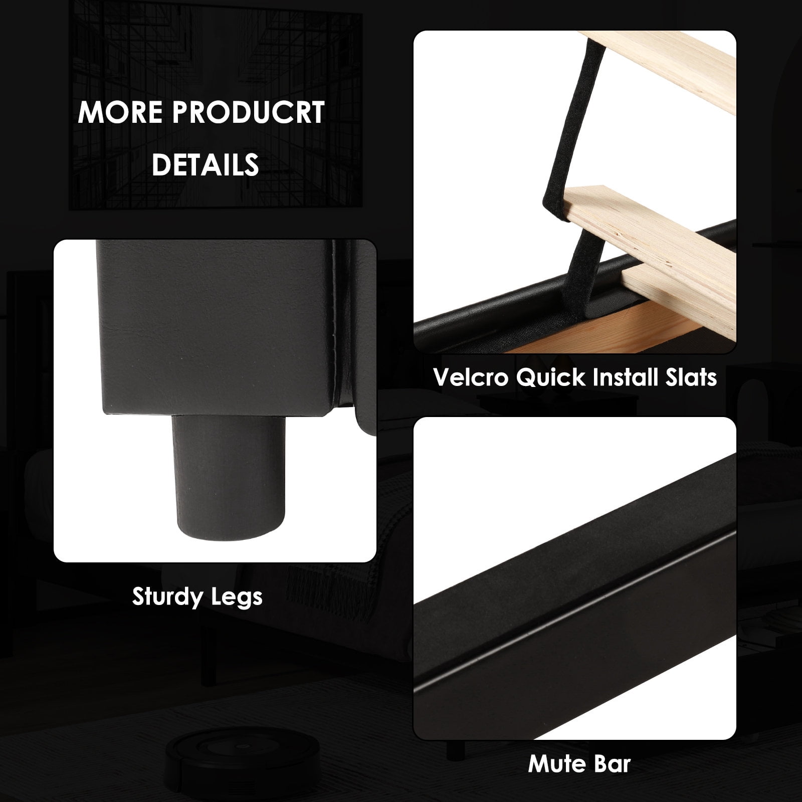 Homfa Queen Size 2 Drawers Bed Frame, PU Leather Upholstered Platform Bed with Adjustable Button Headboard, Black - Image 7