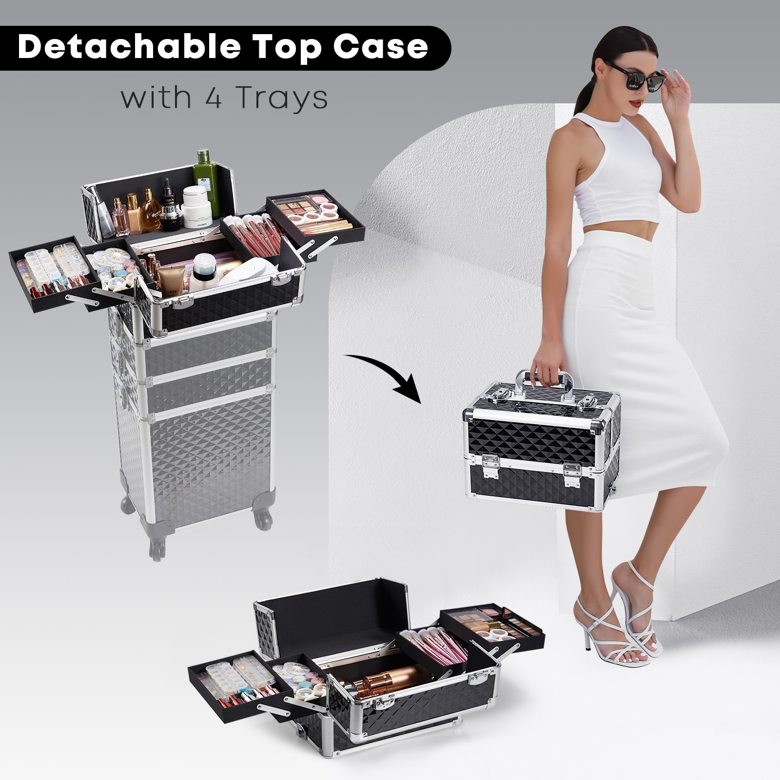 Professional Rolling Makeup Case with Wheels 4 in 1 Aluminum Cosmetic Train Case Trolley Box Salon Barber Suitcase - Image 5