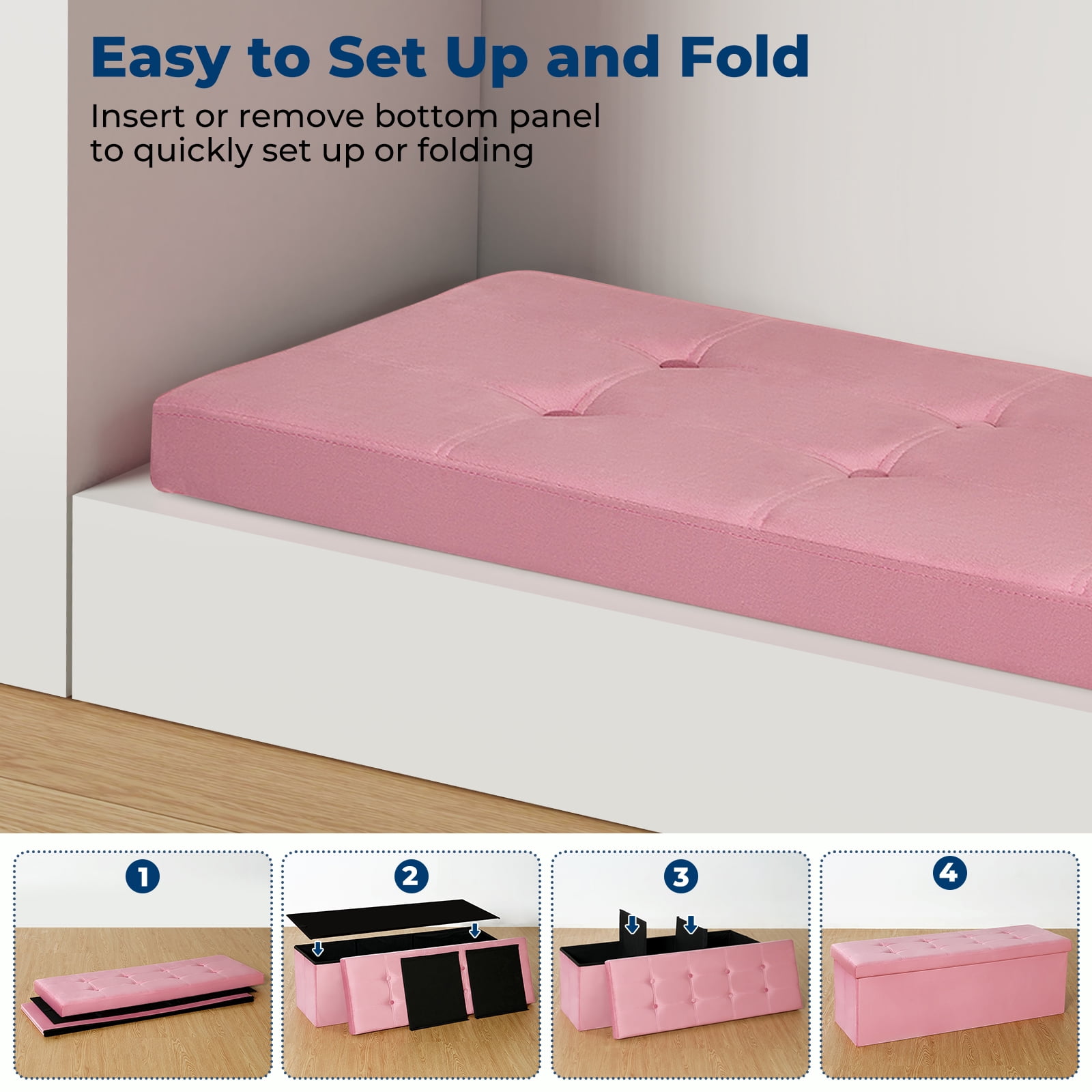 LUSIMO Ottoman with Storage 43" Velvet Storage Bench Folding End of Bed Bench Hold up to 660lb Footstool for Bedroom Living Room, Pink - Image 2