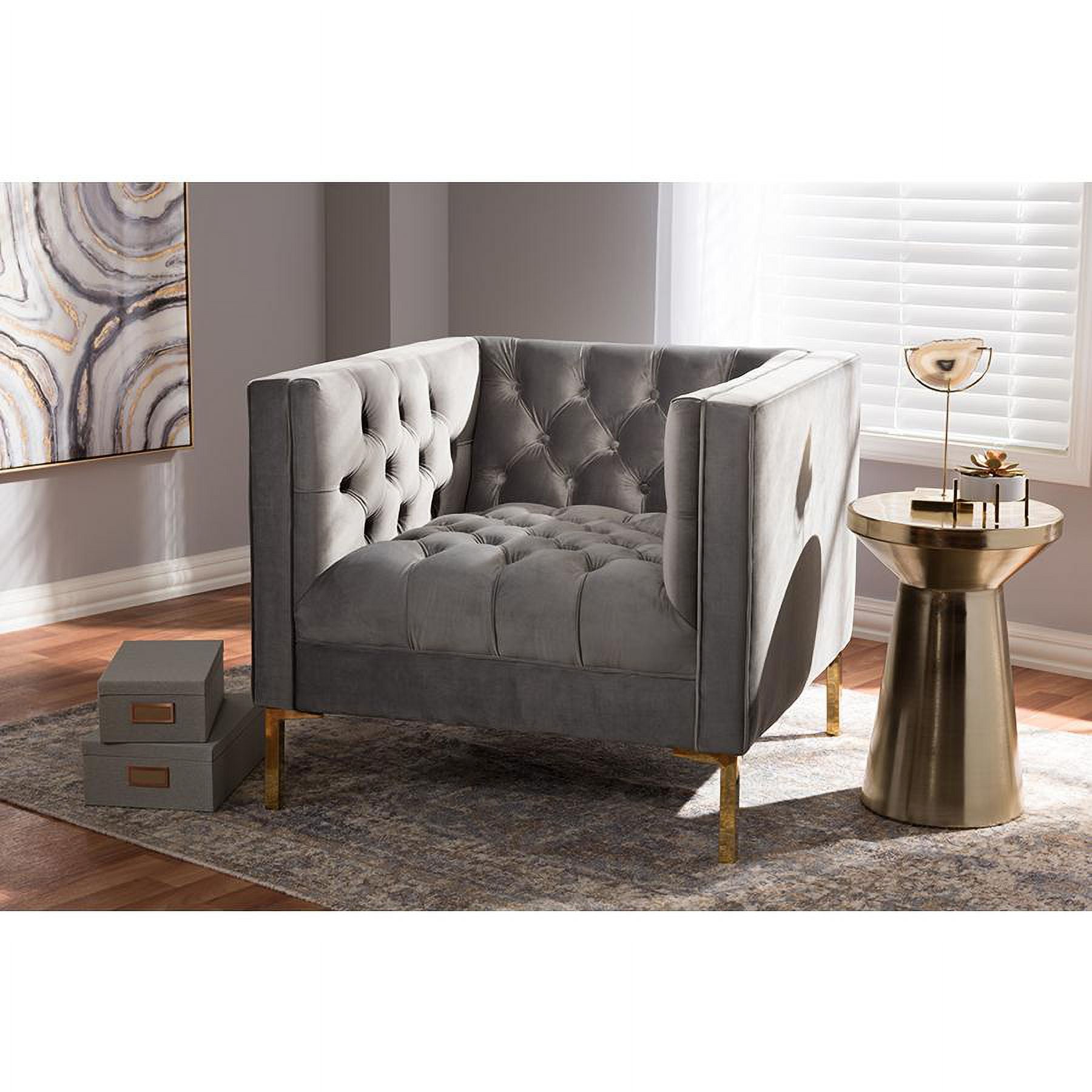 Baxton Studio Zanetta Luxe and Glamour Grey Velvet Upholstered Gold Finished Lounge Chair - Image 2