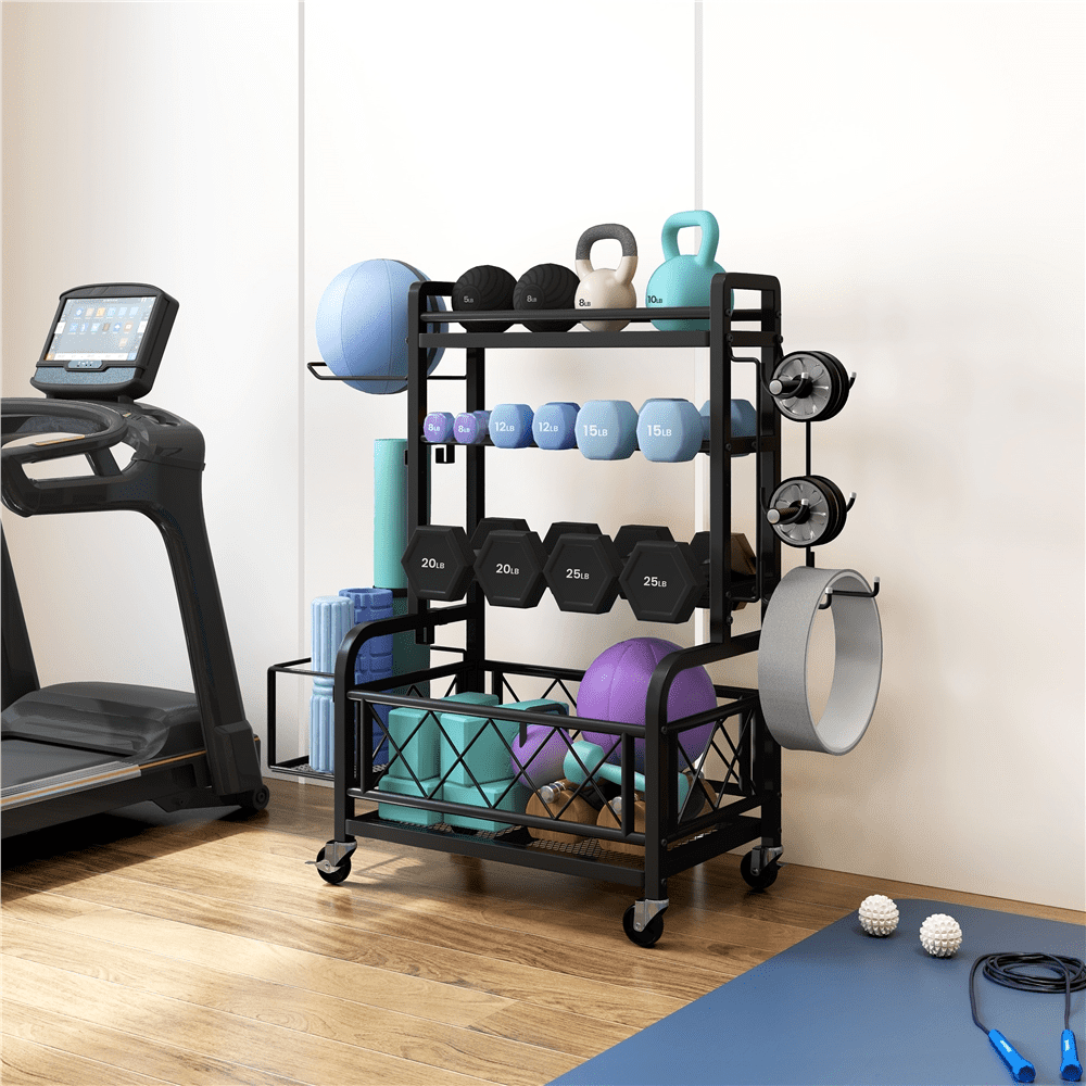 Renwick Metal Rolling Dumbbell Rack with Hooks, Black - Image 6