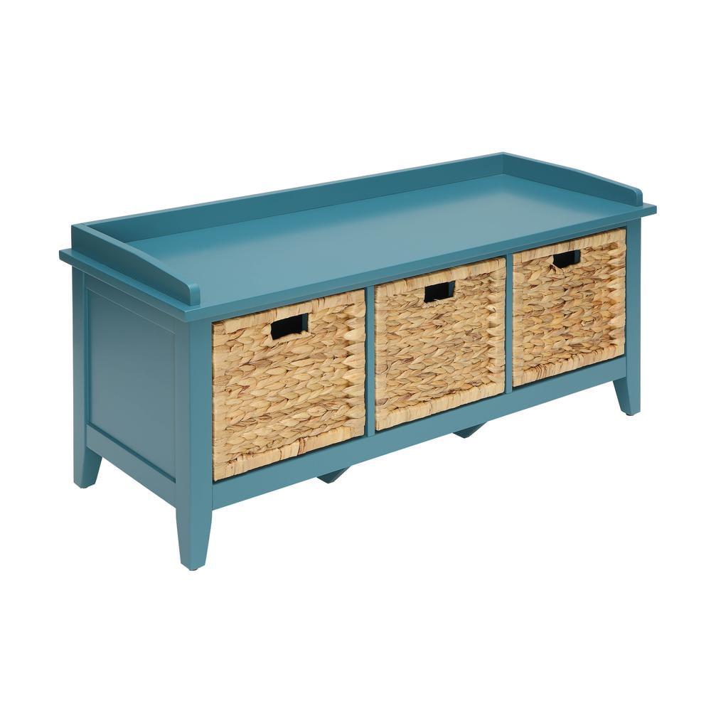 Rectangular Wooden Bench with Storage Basket, Blue- Saltoro Sherpi - Image 2