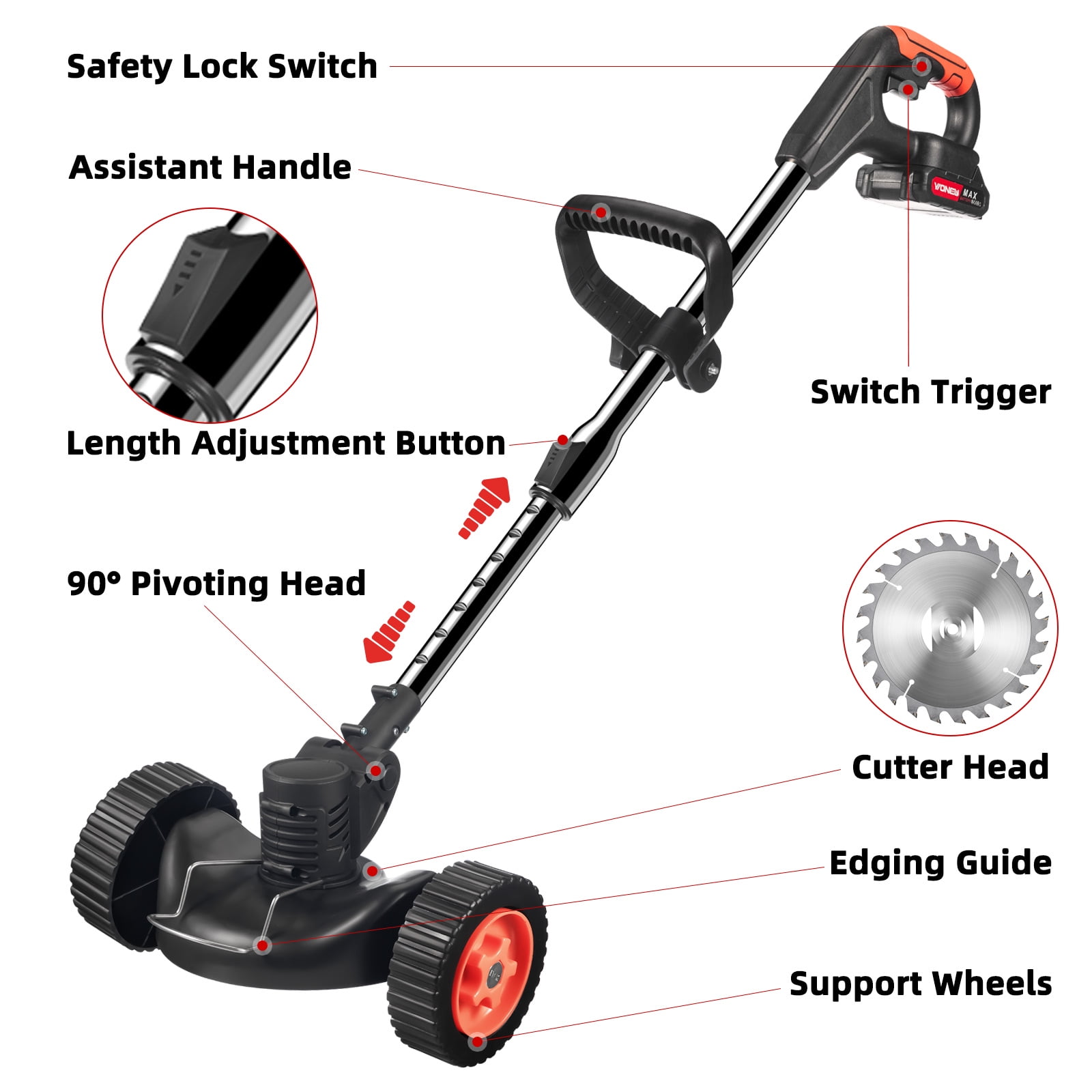 G · PEH Electric Weed Eater, Weed Wacker 3 in 1 Cordless Push Lawn Trimmer with Wheels Weed Eater Tool with Adjustable Handle 3 Function Blades Weed Eater Brush Cutter for Yard and Garden - Image 6