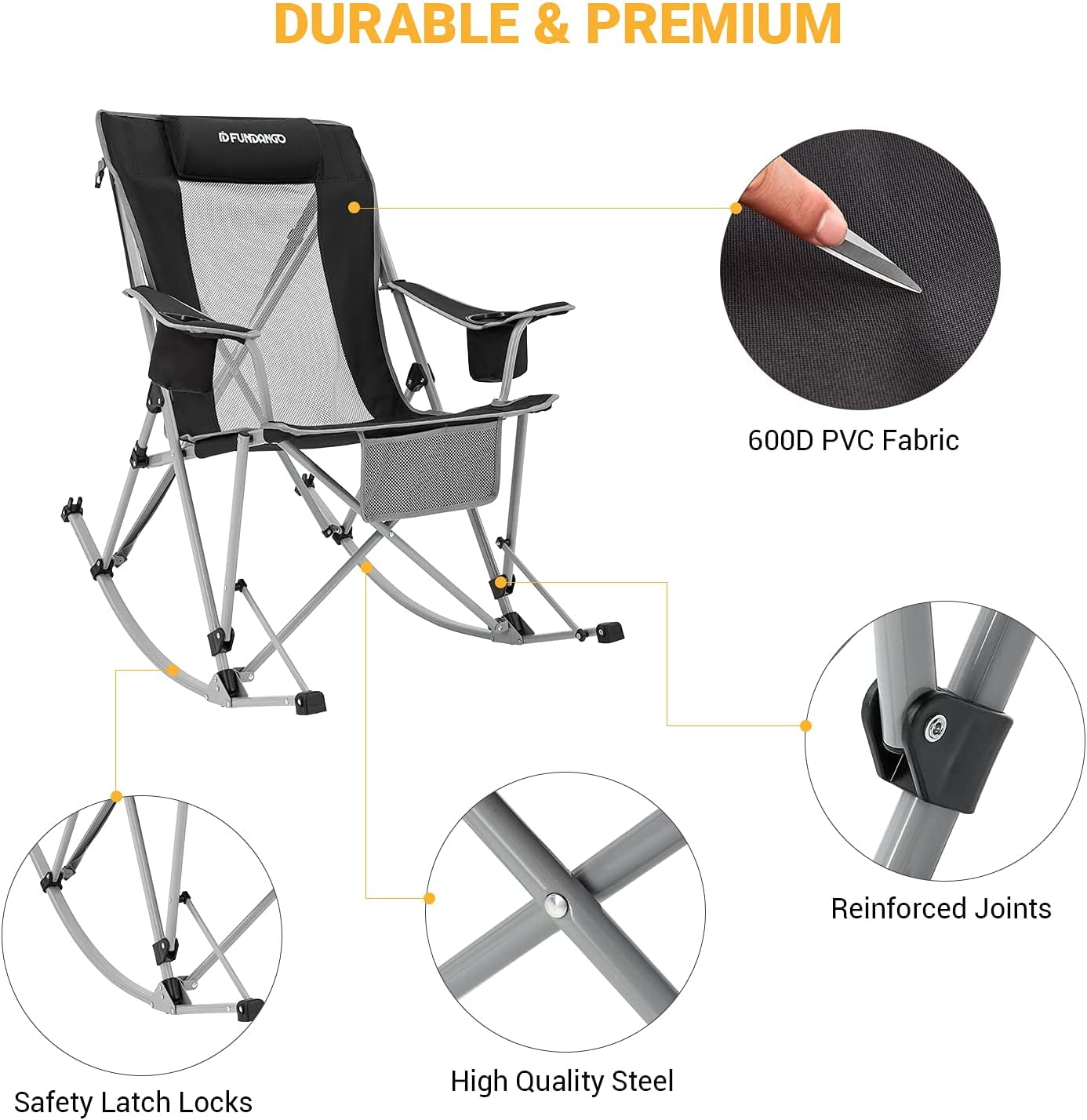 FUNDANGO Oversized Rocking Camping Chair for Adults Outdoor Folding Rocking Chair Lawn Chair Black - Image 2