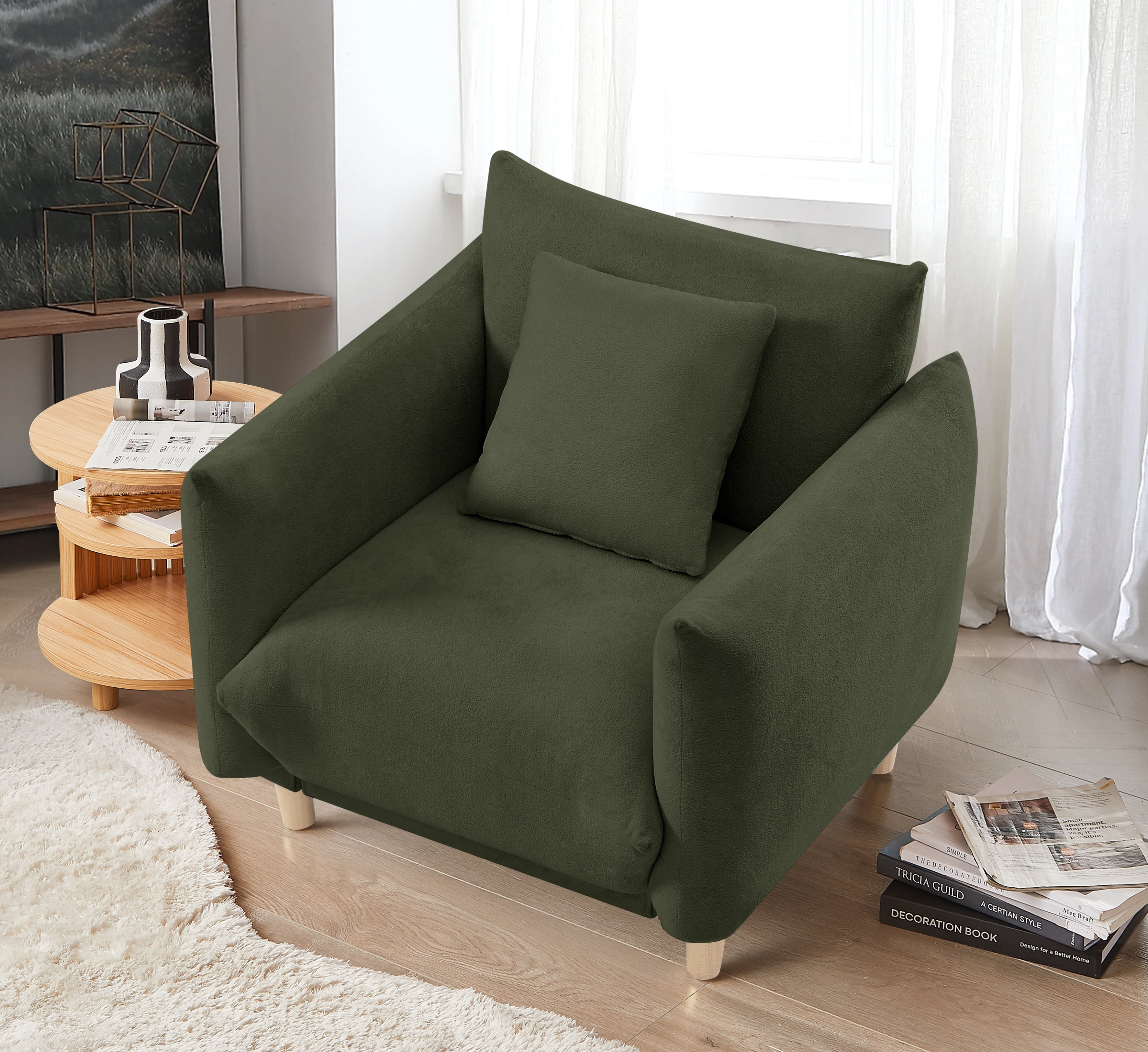 Oversize Accent Chairs for Living Room,Comfy Towelling Fabric Upholstered Armchair,Mid Century Modern Reading Arm Chair Single Sofa Chair with Wood Legs for Living Room Bedroom Playroom,Dark Green - Image 3