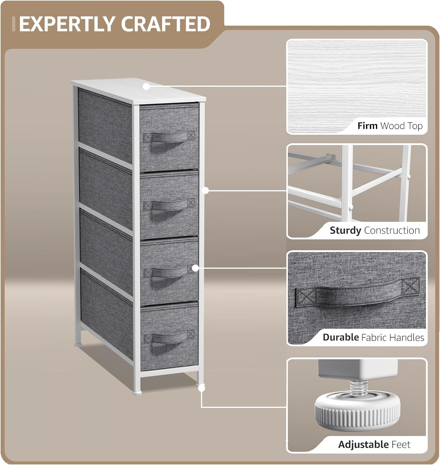 Sorbus Narrow 4-Drawer Dresser: Compact Storage for Children and Adults in Bedrooms, Bathrooms, and Laundry (White) - Image 7