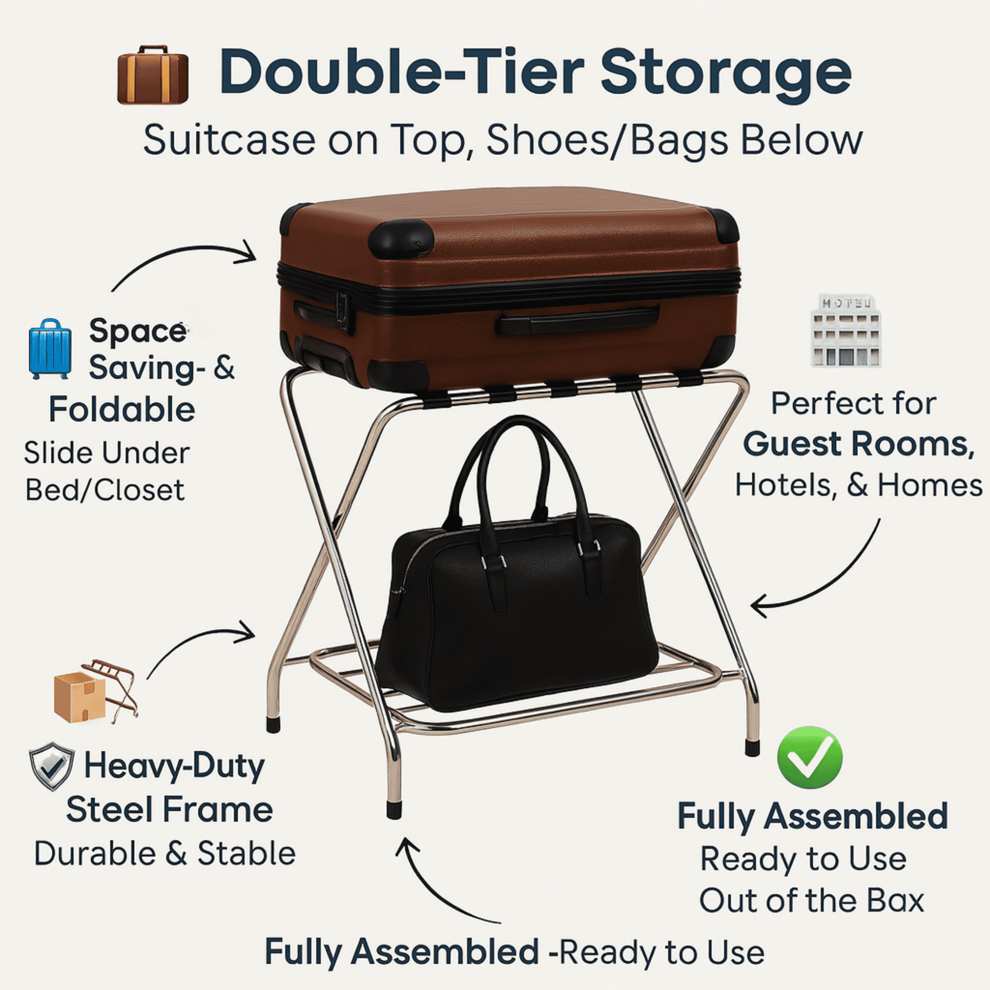 USTECH - Foldable Metal Luggage Rack with Extra Shelf, Heavy Duty Suitcase Stand for Guest Room, Bedroom, Hotel or Travel - Image 6