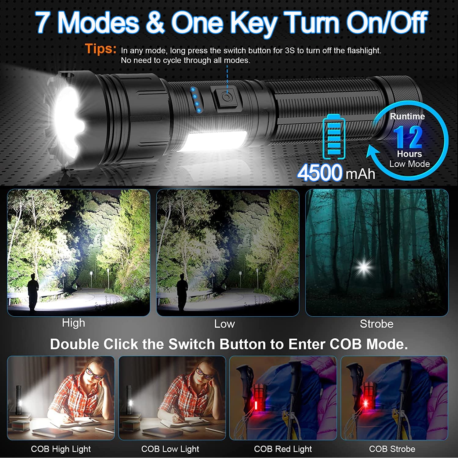 LED Magnetic Flashlight High Lumens 10000 Rechargeable, Super Bright Small Tactical Flashlights with COB Sidelight Work Light Zoomable Handheld Torch Lamp for Emergency, Camping - Image 4