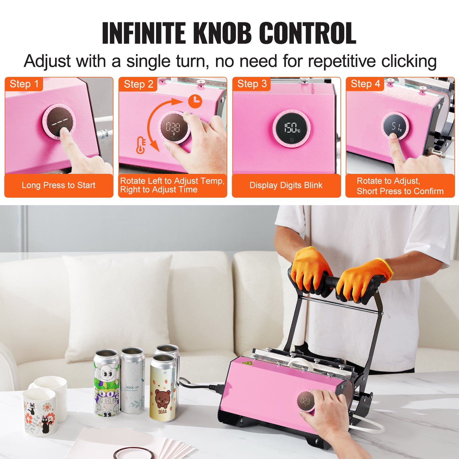 VEVOR Tumbler Heat Press, 30oz Mug Heat Press Machine Sublimation Transfer 11-15oz 16-25oz 30oz Straight Skinny Tumblers, Cup Heat Mug Press DIY Mug Cup Heat Transfer with Heat-Resist Gloves(Pink) - Image 2