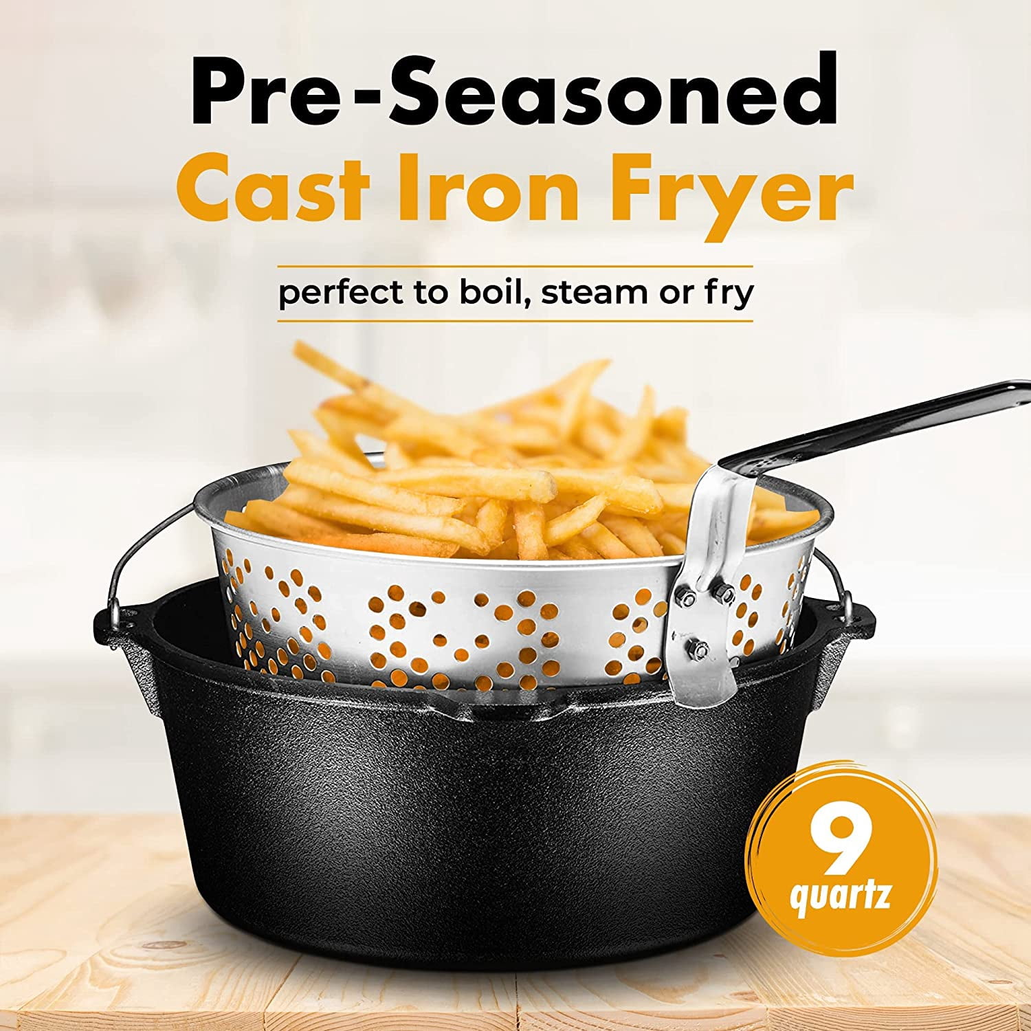 Bruntmor | Pre-Seasoned Cast Iron Fish Fryer 9 Quart Stock Pot Dutch Oven - Image 9