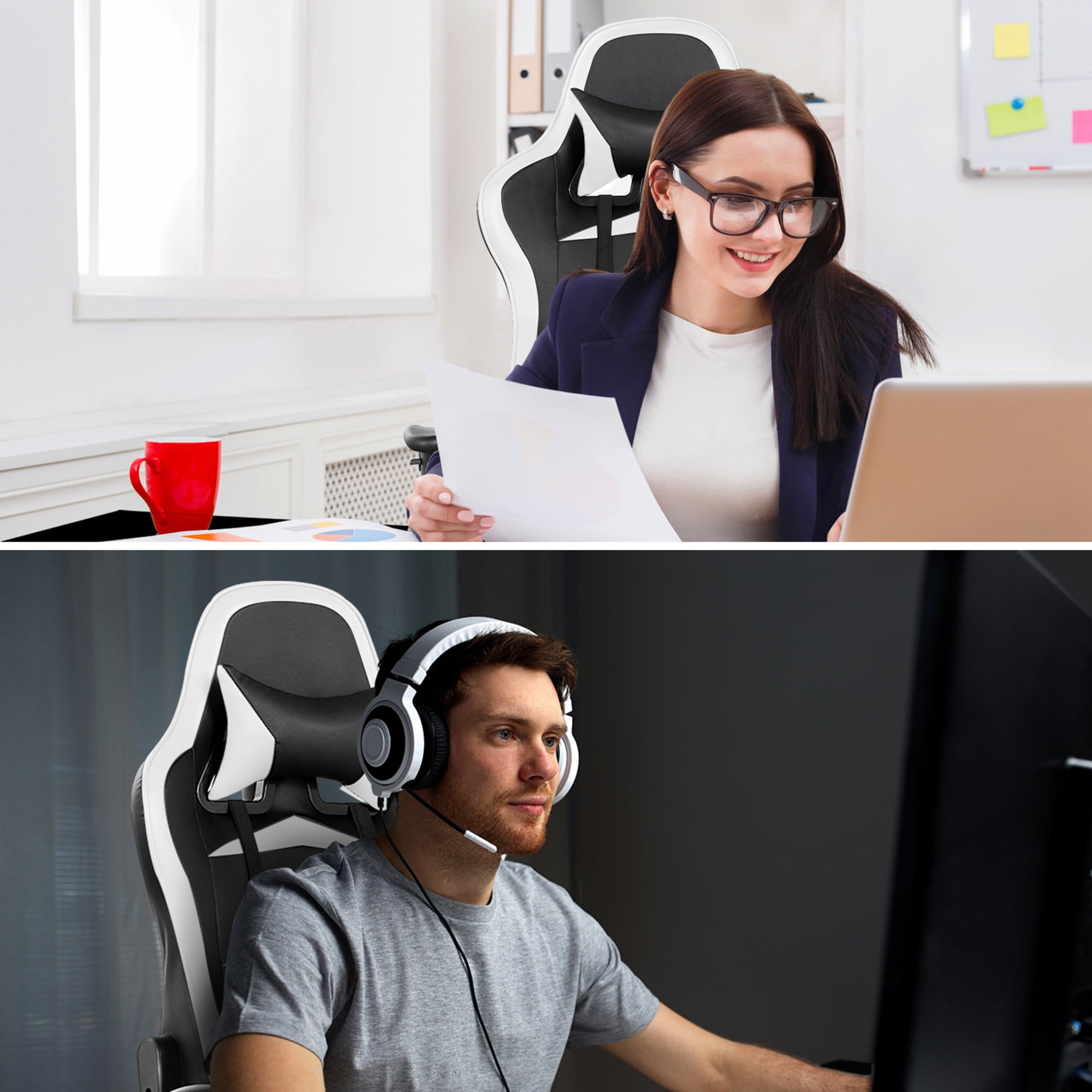 Gymax Gaming Desk&Massage Gaming Chair Set w/ Footrest Monitor Shelf Power Strip White - Image 3