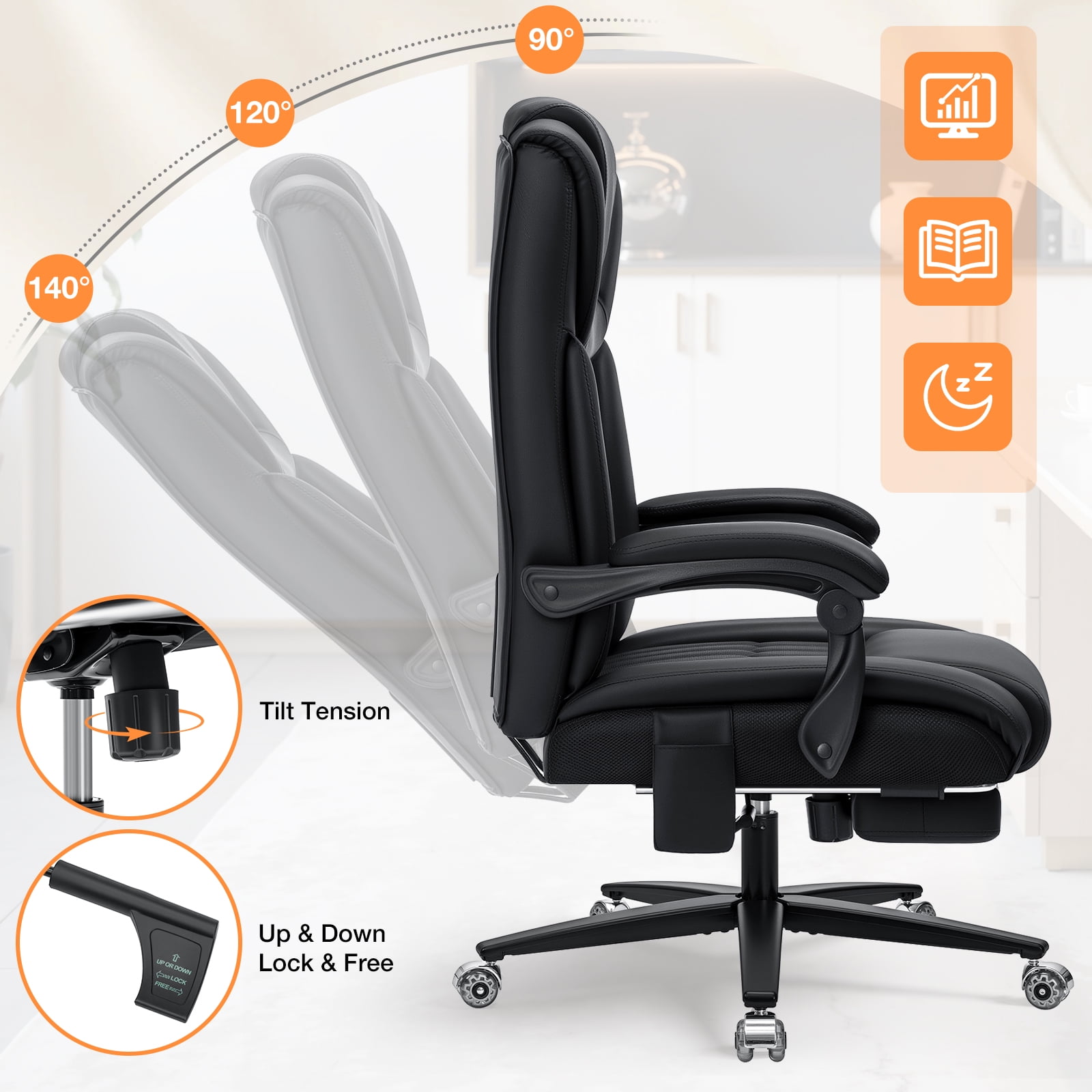 Hoffree Big and Tall Office Chair, 500lbs Reclining Executive Desk Chair with Heated Massage Backrest, Extra Wide Seat Leather Ergonomic Computer Desk Chair for Home Office, Black - Image 10