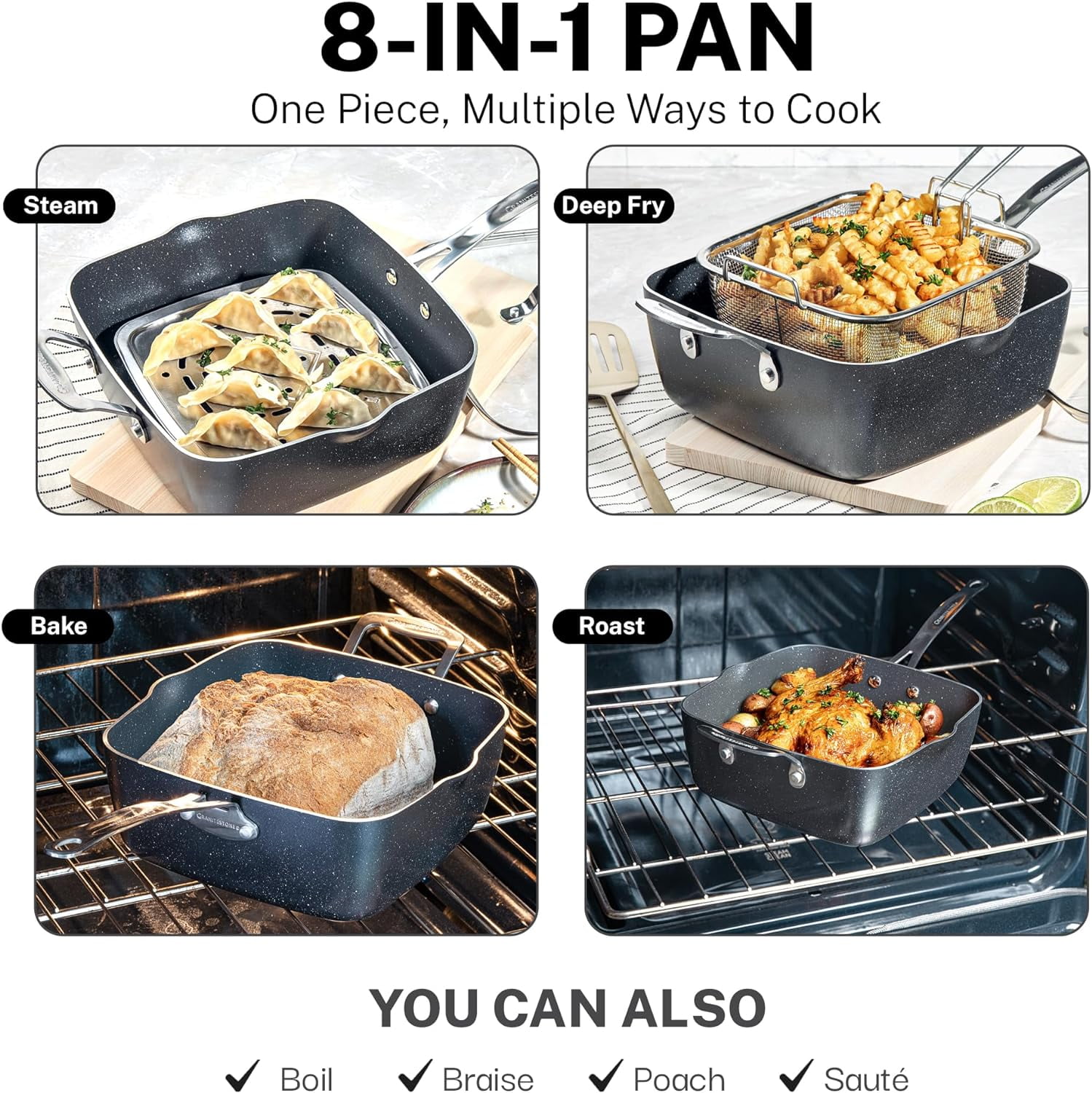 Granitestone True 20 Pc Pots and Pans Set Non Stick Cookware Set with Square Pan/Bakeware Set, Non Toxic Pot and Pan Set, Oven/Dishwasher Safe, Non stick Pots and Pan Set, No Cheater Pieces, Black - Image 6
