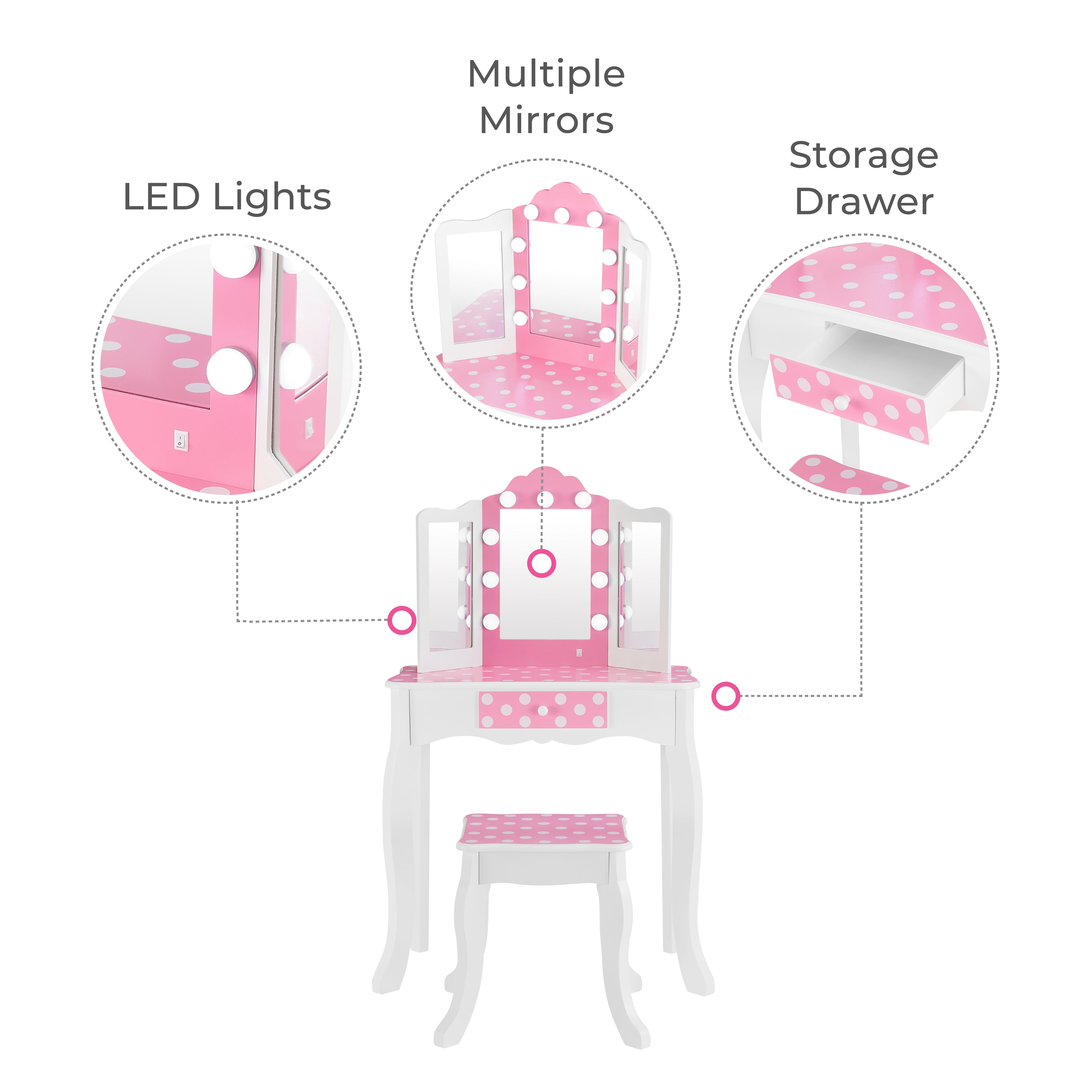 Fantasy Fields Gisele Polka Dot Kids Vanity Table & Stool with LED, White & Pink - Image 9