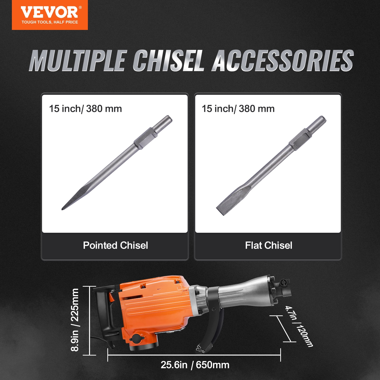 VEVOR Demolition Jack Hammer Concrete Breaker 2200W Electric Hammer 2 Chisel Bits - Image 3