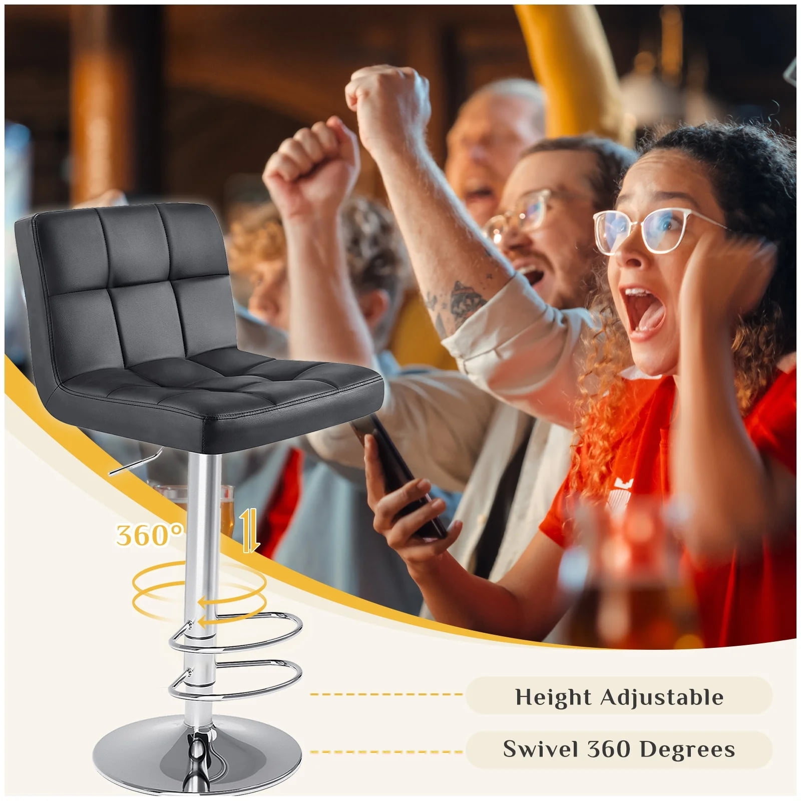 JIOABL Bar Stools Set of 2, Armless Adjustable Swivel Barstools, PU Leather Hydraulic Kitchen Counter Height Bar Stools, Thickened Seat Cushion Square Island Barstools with Back, Black - Image 2