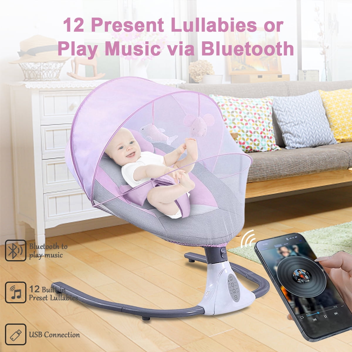 FACNOATIHN Electric Baby Swing, Infant Bouncer Chair Rocker with 12 Lullabies, Bluetooth Music, Adjustable Speeds, 4 Timing Set, Unisex, Pink - Image 7