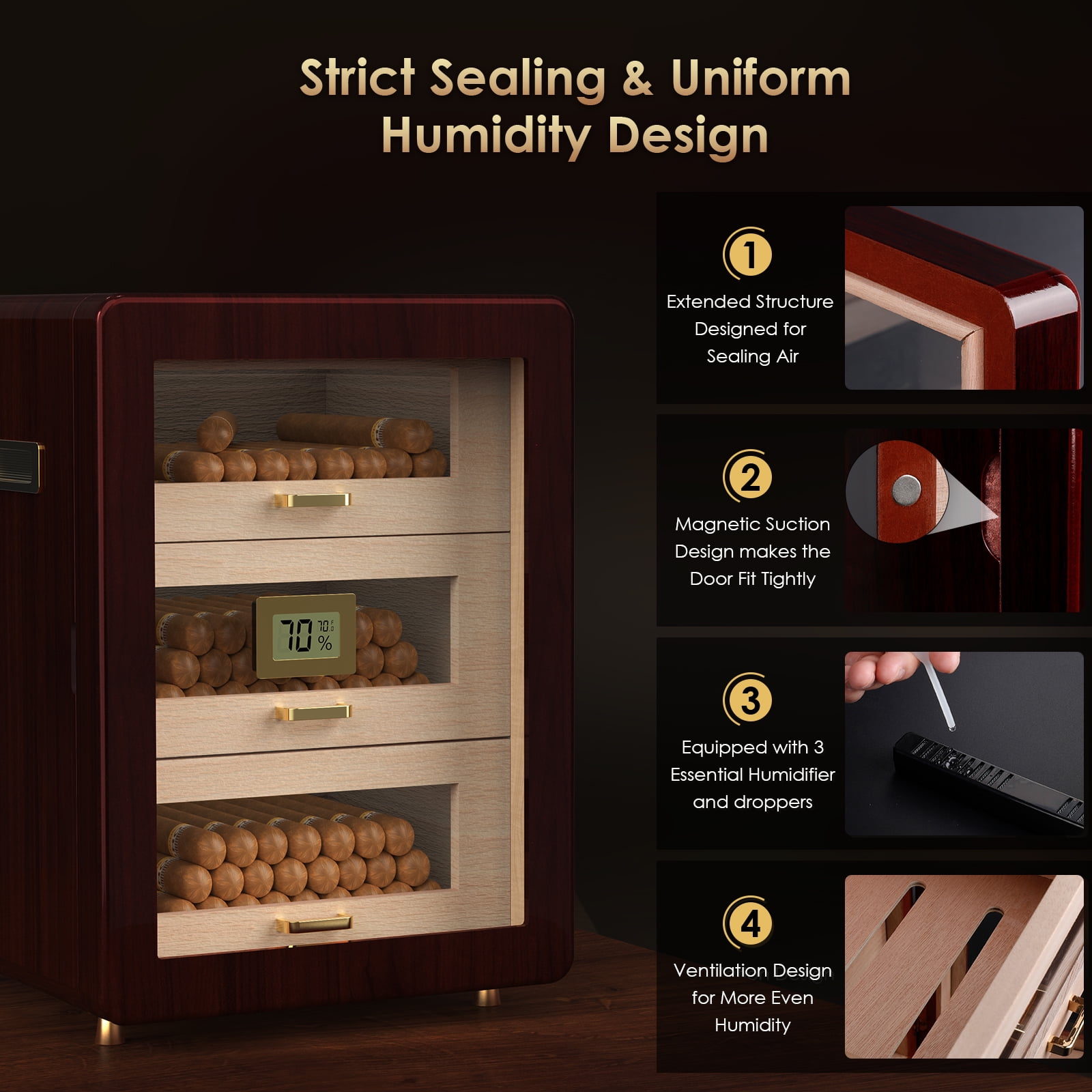 Rocita Cigar Humidor Cabinet for 100 to 150 Cigars with Spanish Cedar Lining, Tight-Seal Magnetic Door, 3 Large Capacity Drawers, Gift for Cigar Lovers - Image 4
