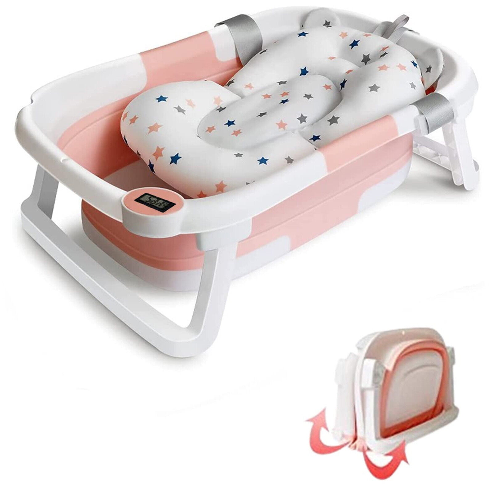 TOPCHANCES Folding Baby Bathtub, Travel Bathtub Newborn Bath Tub with Bath Cushion & Bath Net, Pink - Image 2