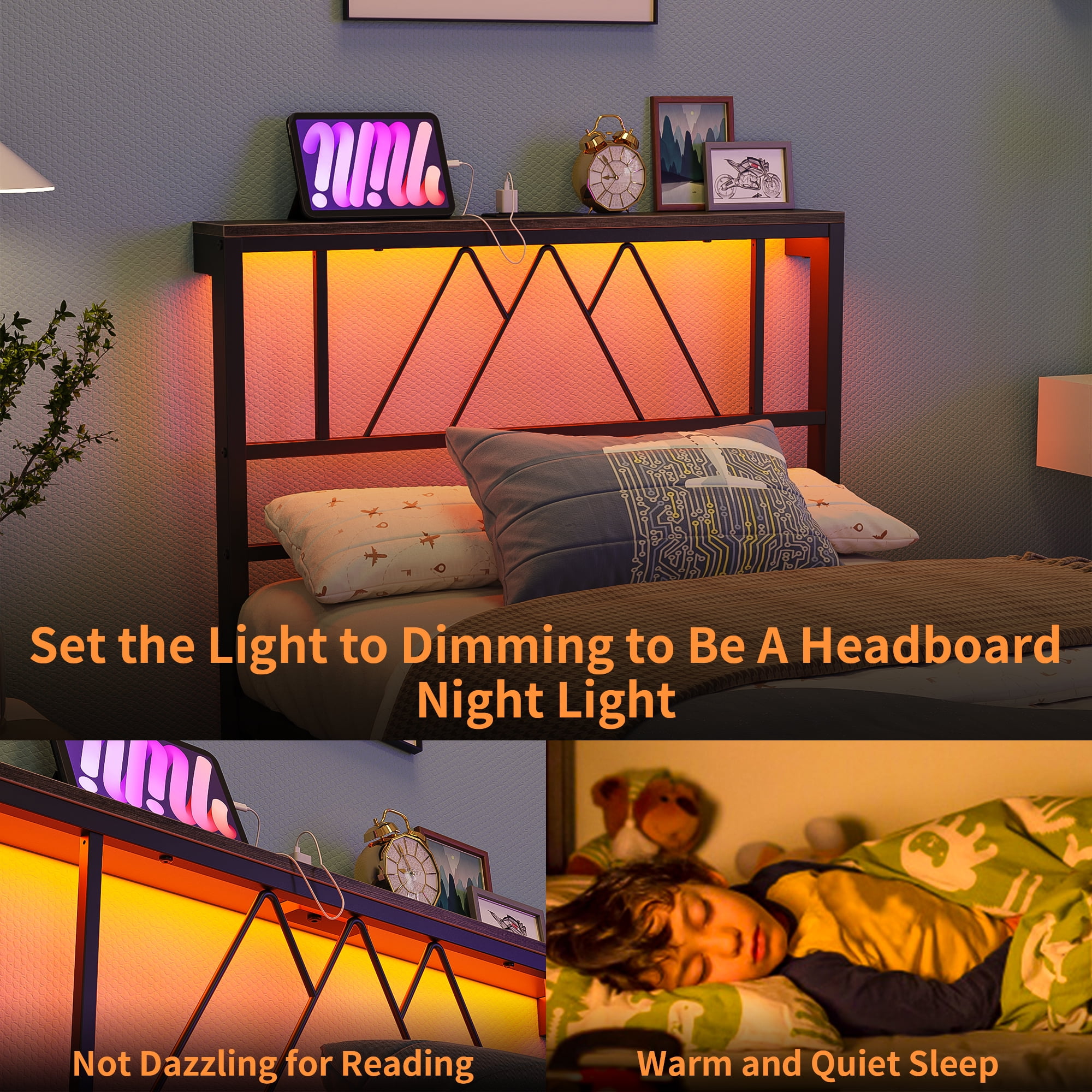 Yoneston Twin Size Platform Bed Fame with LED and Charging Station Storage Headboard No Box Spring Need for Kids Furniture, Black - Image 4