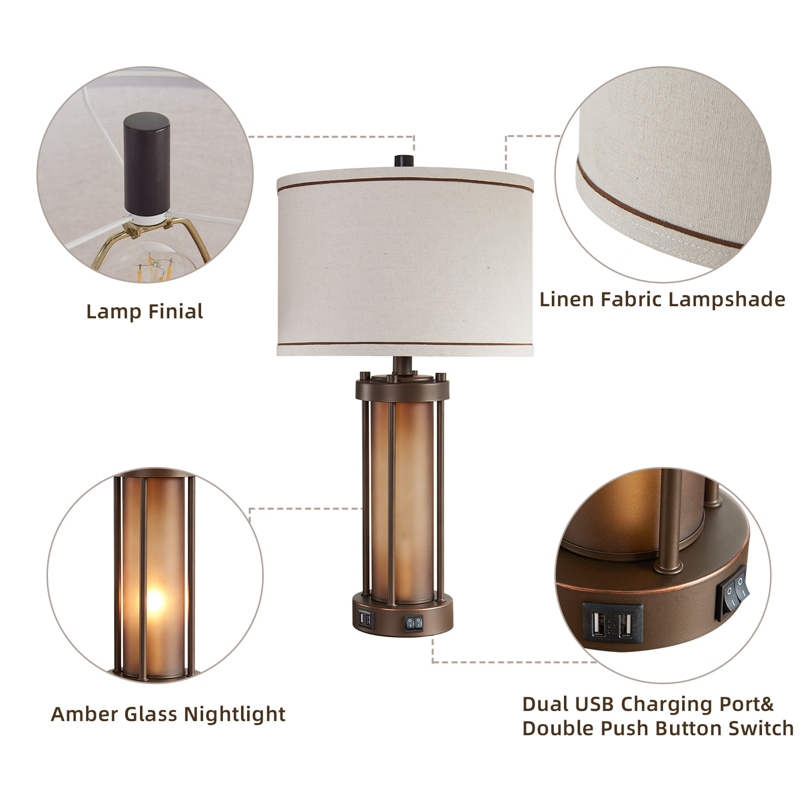 RORIA 24”Living Room Table Lamp Set of 2, Modern Farmhouse Style, Antique Bronze, Features Dual USB Charging Ports and Night Light, Suitable for Bedrooms and Bedside Tables - Image 3