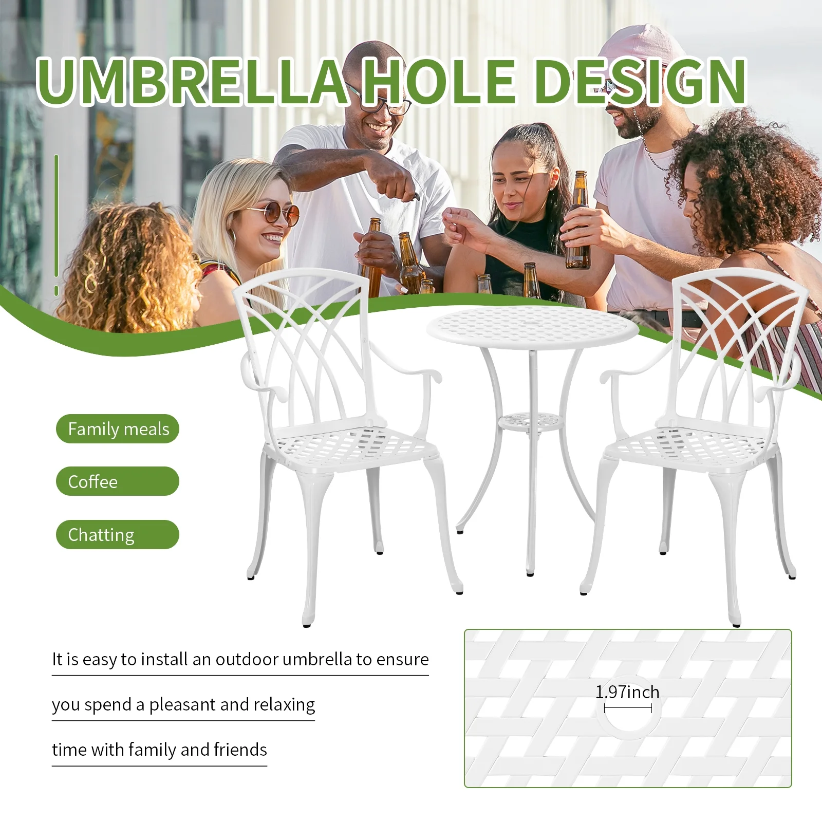 PATIO-IN 3 Piece Patio Set Outdoor Cast Aluminum Bistro Table and Chairs Set of 2 with 1.97"Umbrella Hole for Garden,White - Image 6