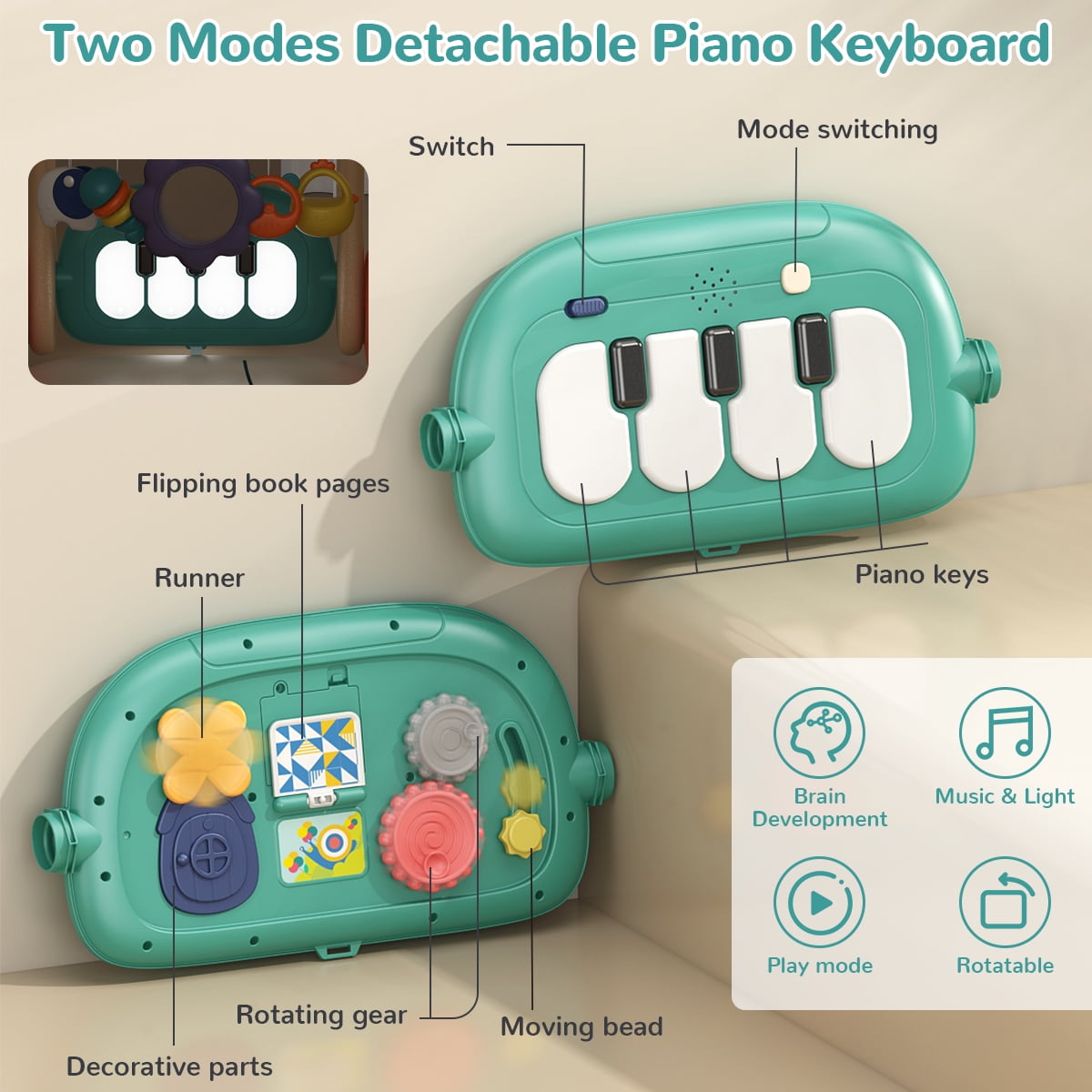 Fisca 3 in 1 Baby Gym Play Mat, Baby Activity Play Mat with Play Piano, Baby Play Gym with 5 Learning Sensory, Baby Learning Walkers & Tummy Time Mat for for 0-24 Months Infant - Image 3