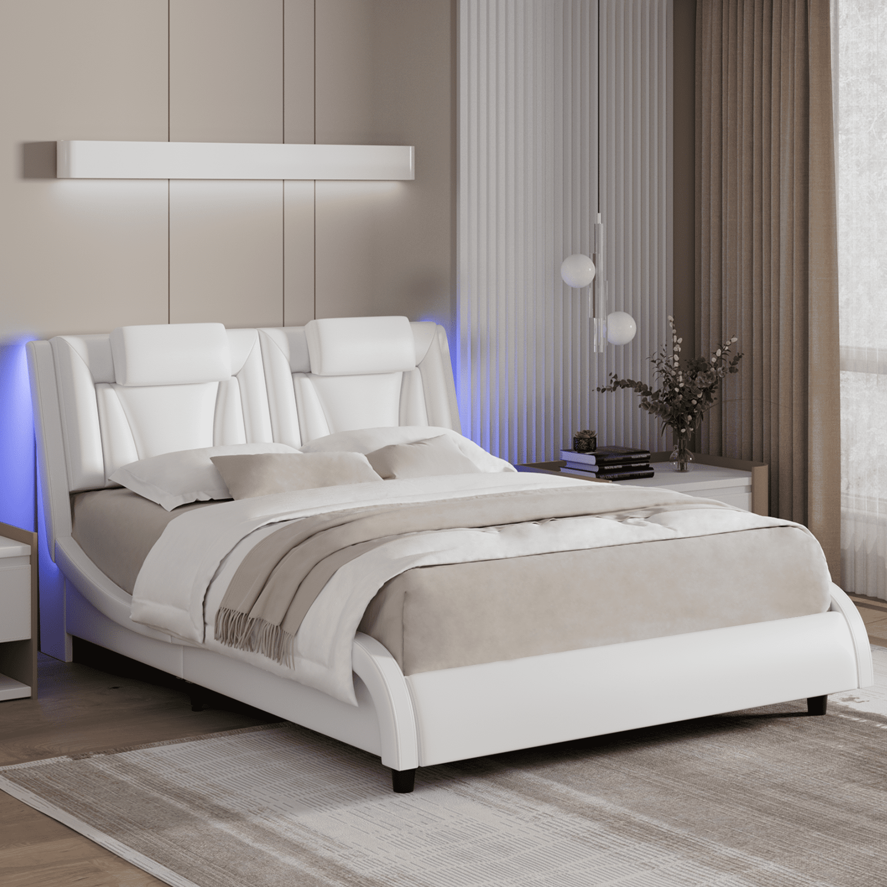 Homfa Queen Bed Frame with Adjustable LED Headboard, PU Leather Curved Upholstered Platform Bed Frame, White - Image 3