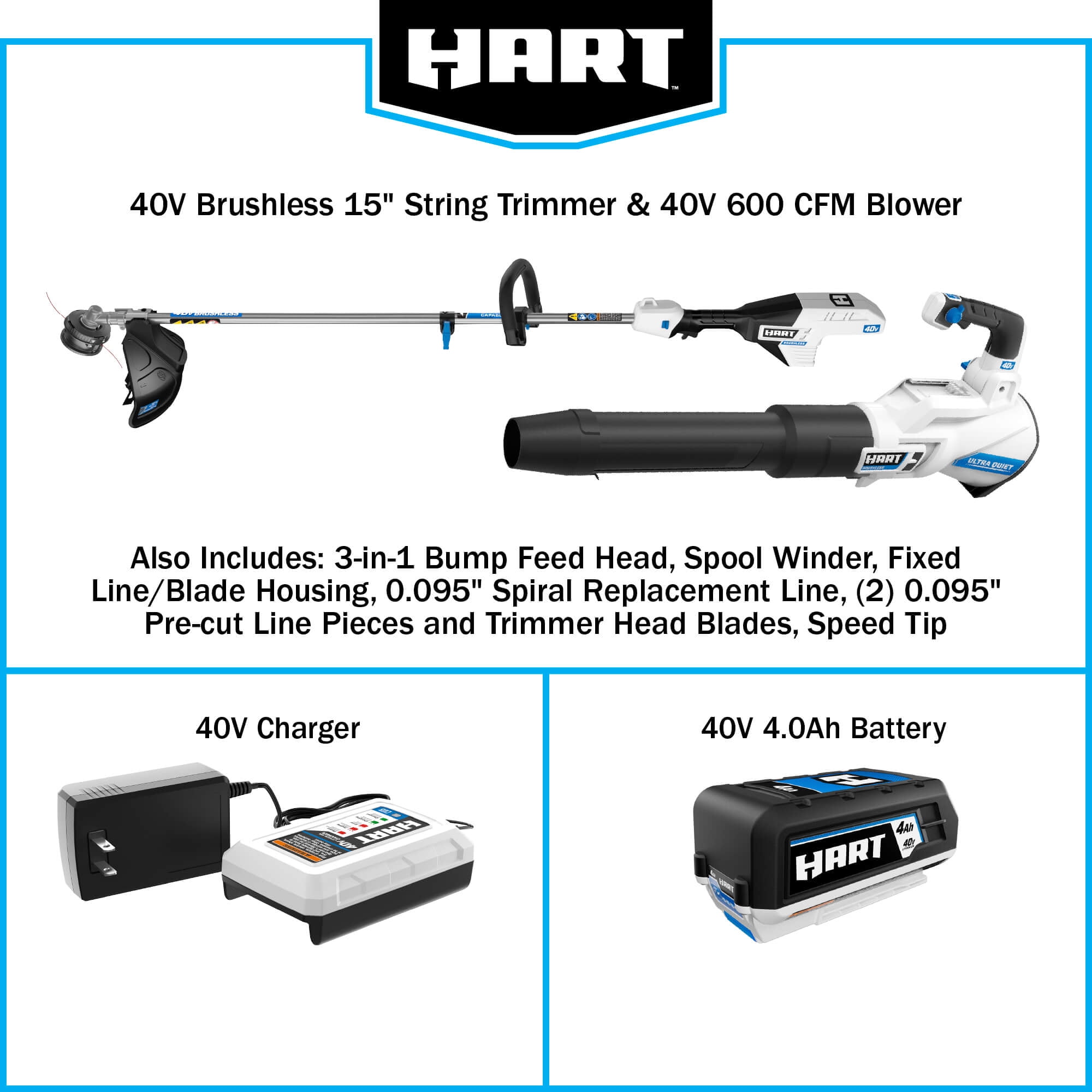 HART 40V Brushless 15-inch String Trimmer & 600 CFM Blower Kit - Image 7