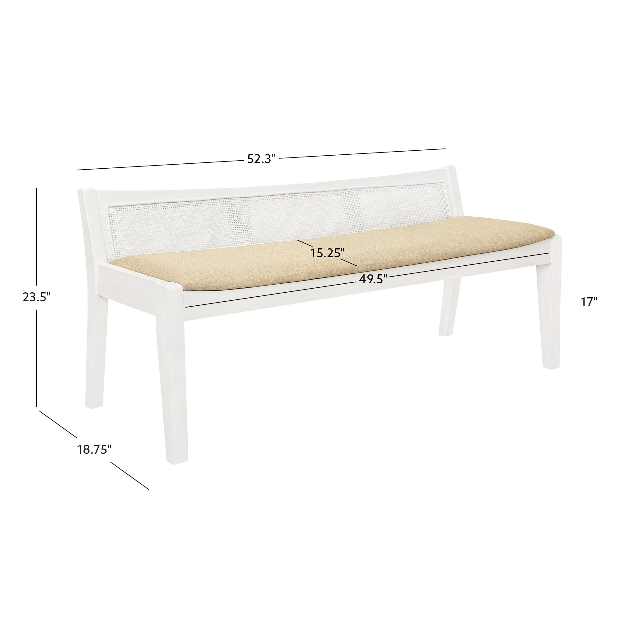 Powell Tramore Upholstered Bench with Rattan Cane Back, White/BeigeLinen - Image 10