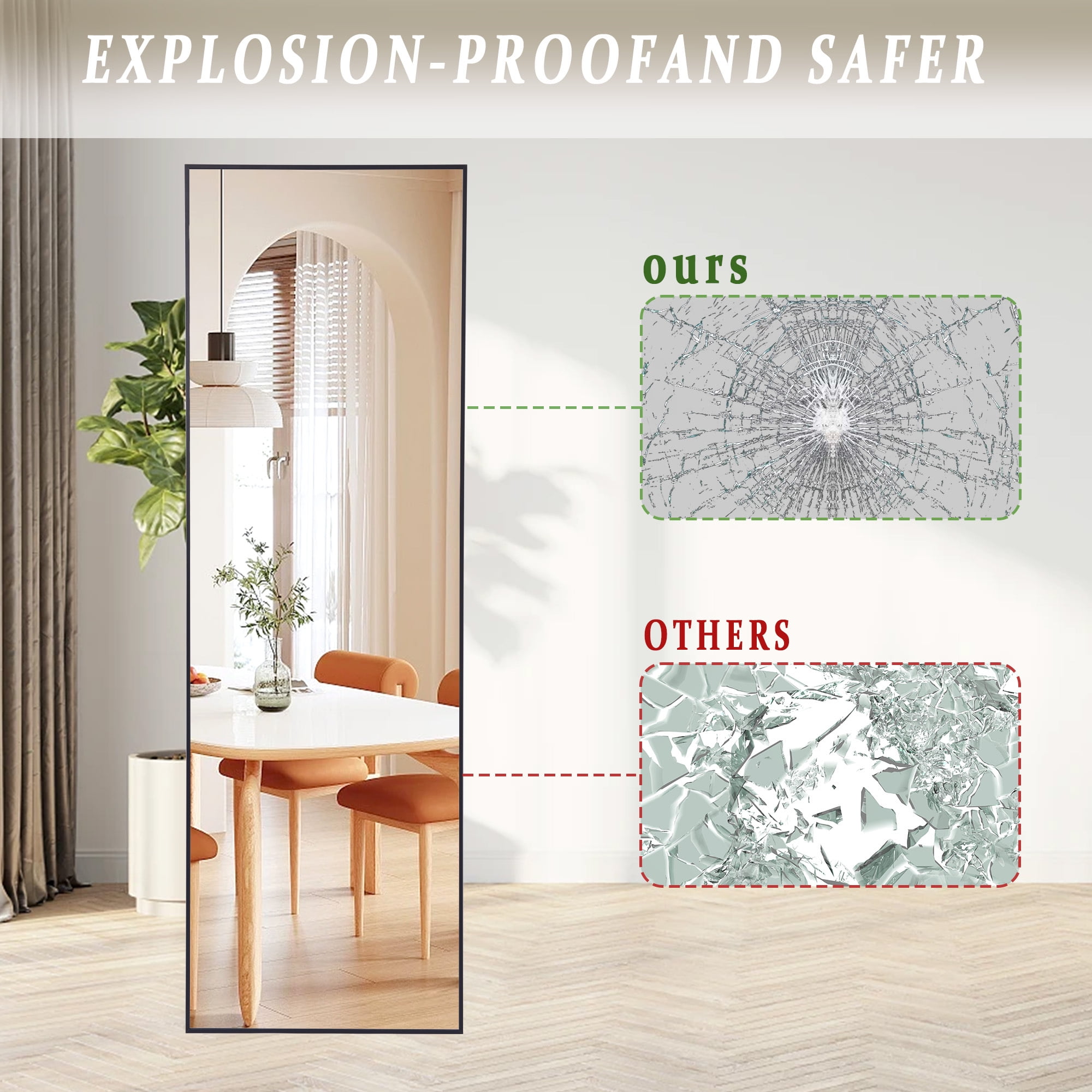 Anyrose 21"x64" Full Length Dressing Mirror Rectangled Floor Standing Mirror Wall Mounted, Black - Image 3