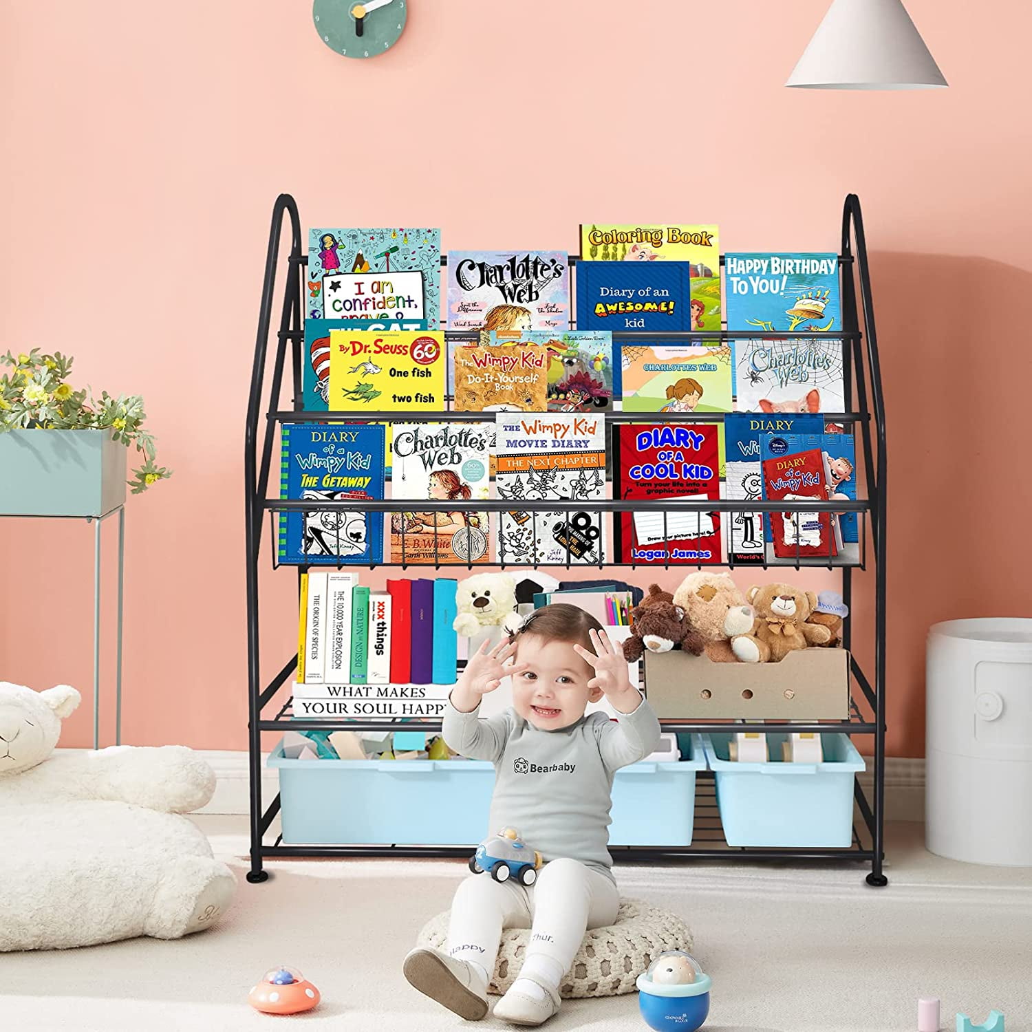 aboxoo Metal Kids Black Bookshelf LargeFreestanding for Children Room 32 in Toys Organizer Large Stable Bookcase Bookstore Library Book Unit Storage Kids Bed Living Room - Image 5