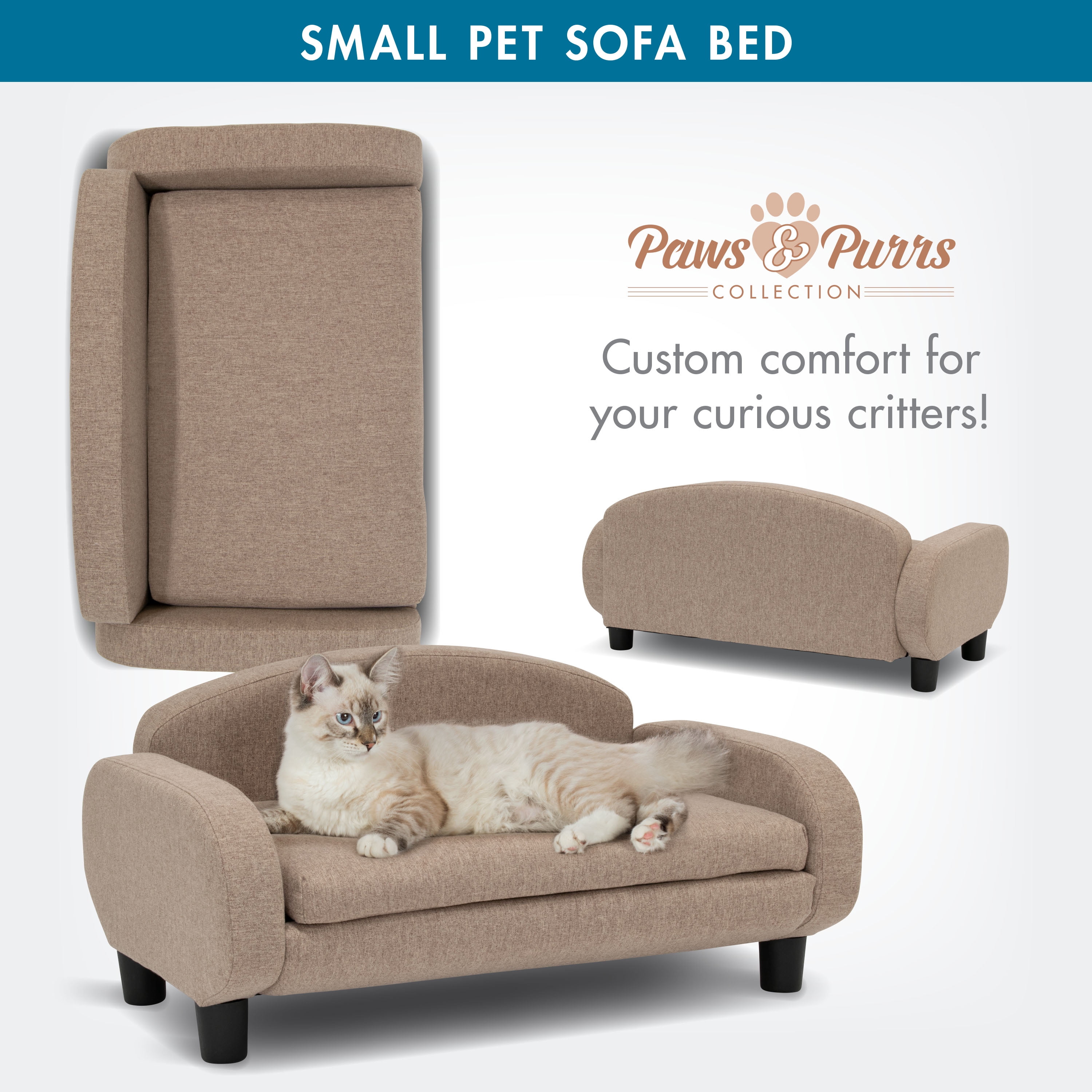 Paws & Purrs Cat Sofa Bed, Pet Couch for Indoor Cats Elevated Cat Beds with Removable Washable Mattress Cover for Kitten, Puppy or Small Animal- 31.5" Wide, Sand - Image 4