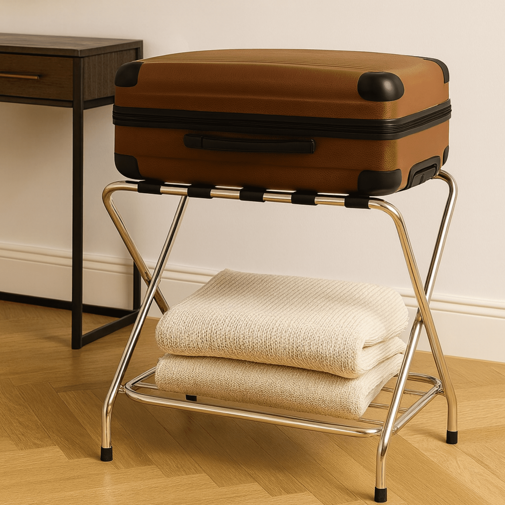 USTECH - Foldable Metal Luggage Rack with Extra Shelf, Heavy Duty Suitcase Stand for Guest Room, Bedroom, Hotel or Travel - Image 5