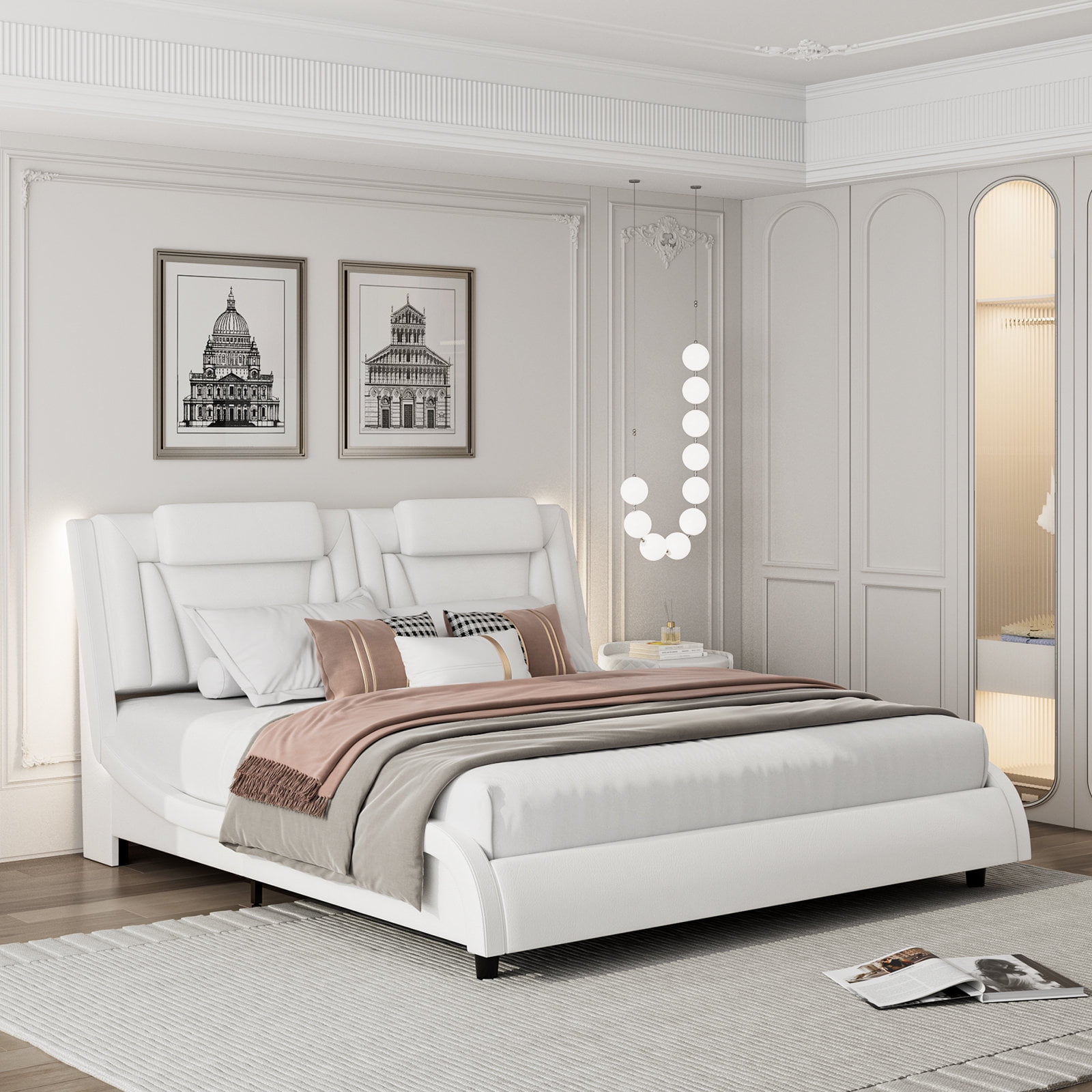 Homfa Queen Bed Frame with Adjustable LED Headboard, PU Leather Curved Upholstered Platform Bed Frame, White - Image 11