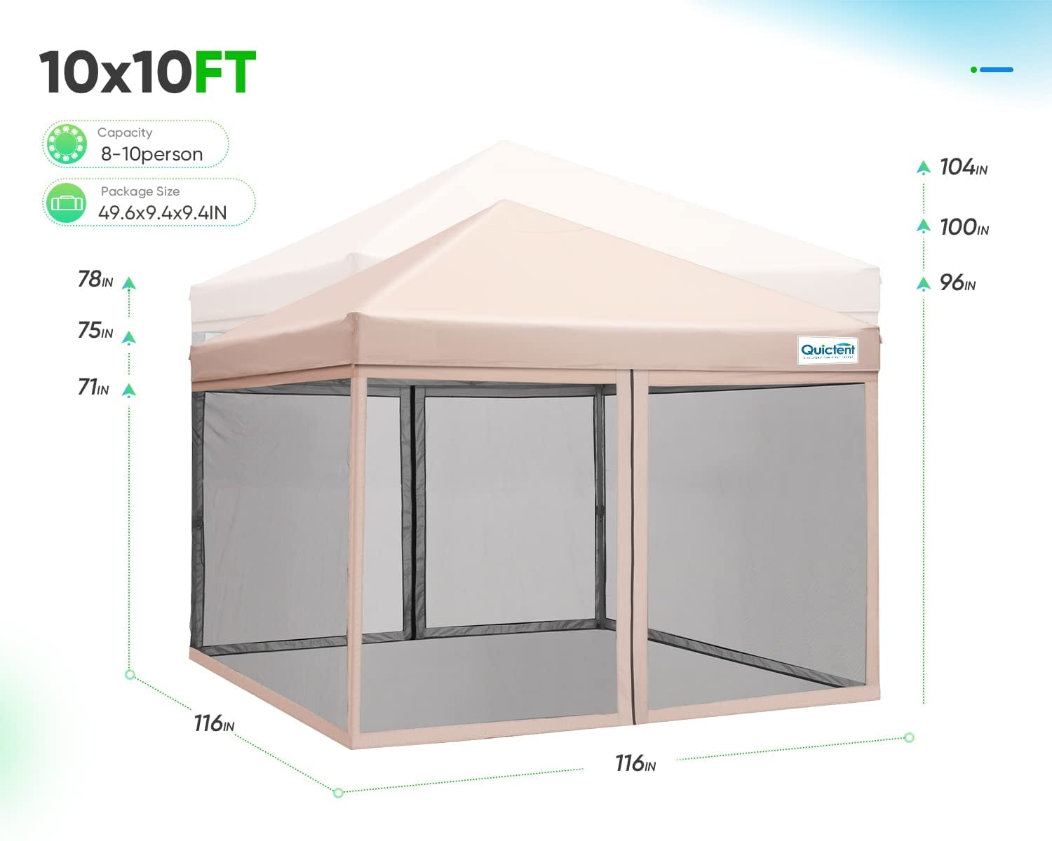 Quictent 10x10 Ez Pop up Canopy with Mosquito Netting Instant Setup Screen House Room Tent Waterproof with Roller Bag (Tan) - Image 2