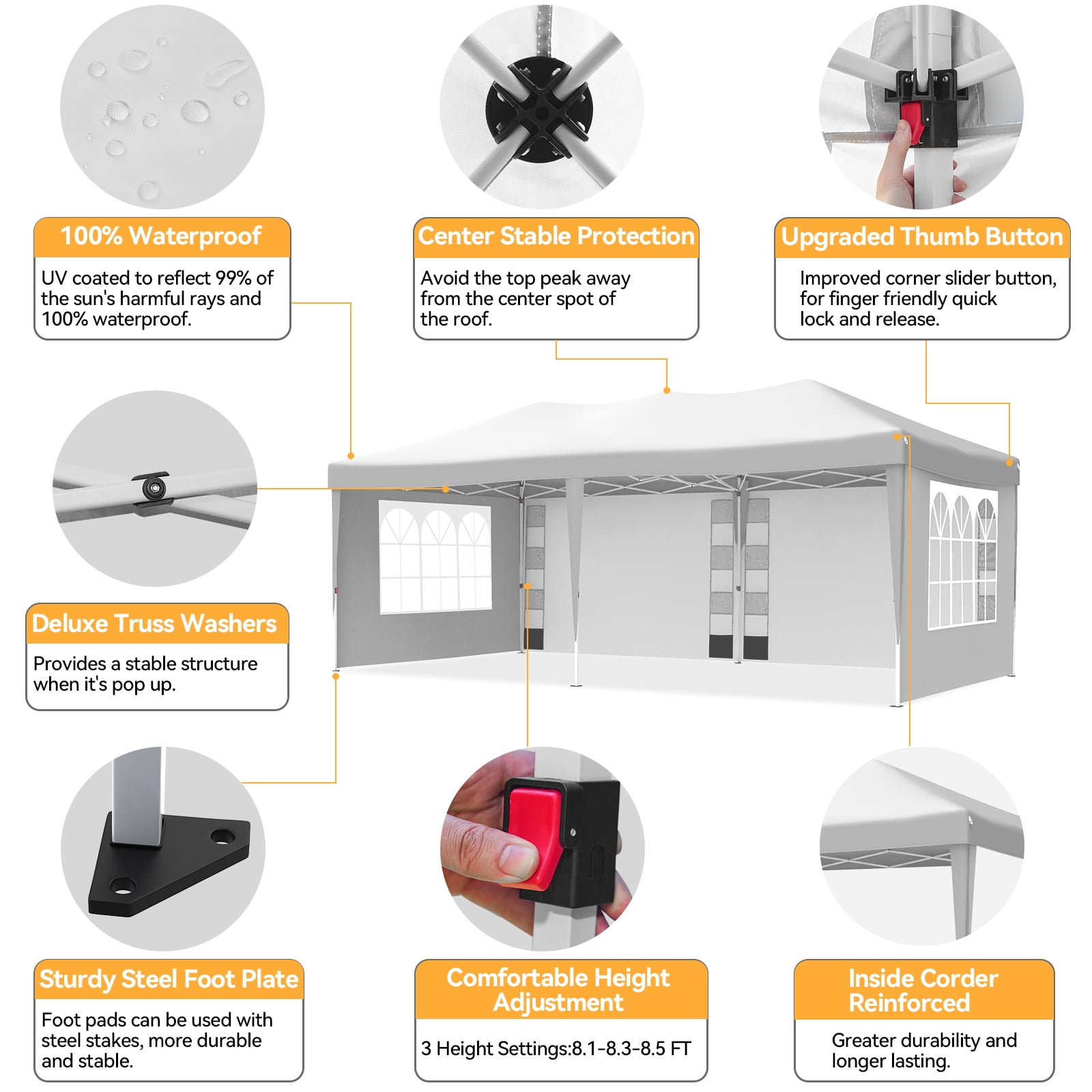 VECUKTY 10 x 20ft Pop up Canopy Tent with 6 Sidewalls, Wheeled Bag, Shelter for Outdoor Shade,White - Image 11