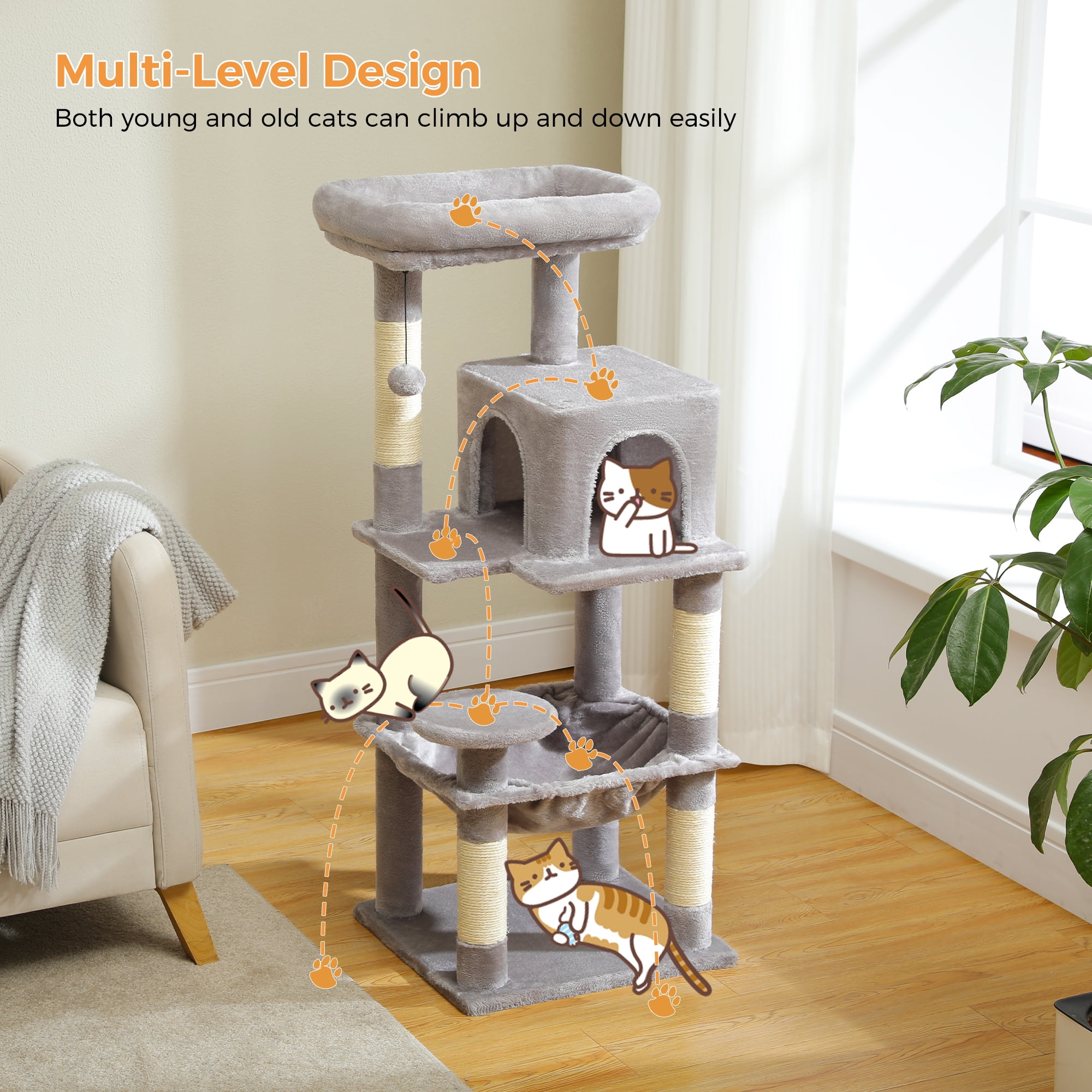 PEQULTI 45.7" Multi-Level Cat Tree Large Cat Tower Indoor with Condo and Hommock Light Gray - Image 9