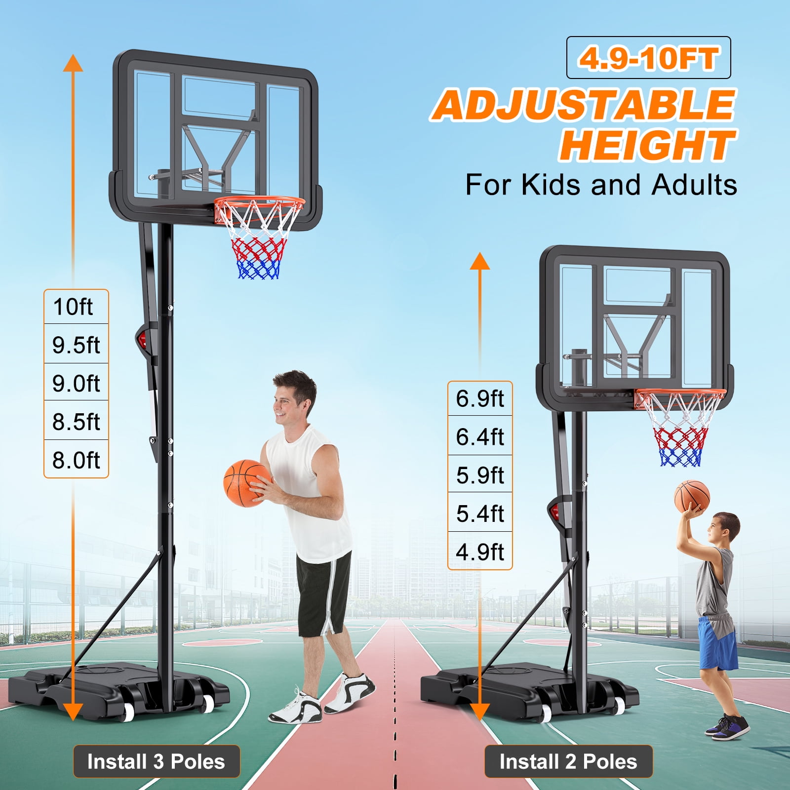 GIKPAL Portable Basketball Hoop System,Quickly Height Adjustable 4.9-10FT with 44" Shatterproof PVC Backboard for Kids/Teenagers /Adults Indoor Outdoor with Wheels - Image 5