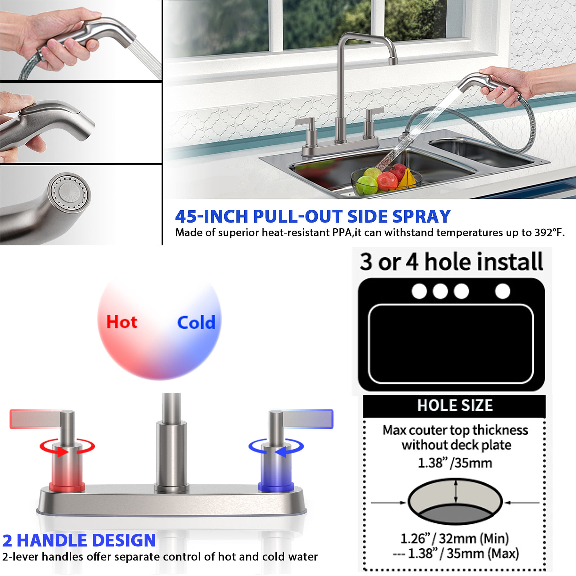 GOWIN - Kitchen Faucet with Sprayer,Brushed Nickel Kitchen Sink Faucet,3 Hole or 4 Hole Faucet for Kitchen Sink,Stainless Steel 2 Handle Kitchen Faucet with Side Sprayer,4 Hole Kitchen Faucets - Image 11